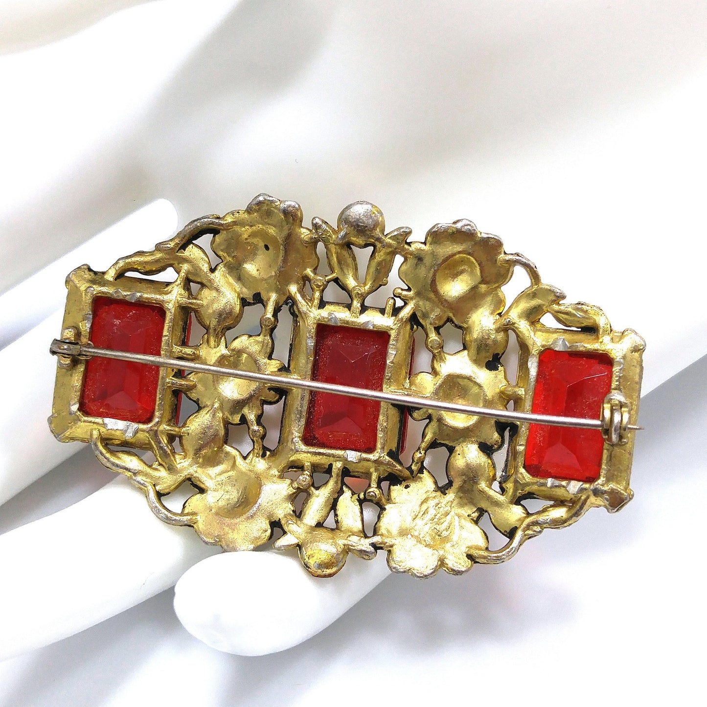 Art Nouveau Red Glass Floral Brooch, Three Red Emerald Cut Stones, 1930s Vintage Jewelry