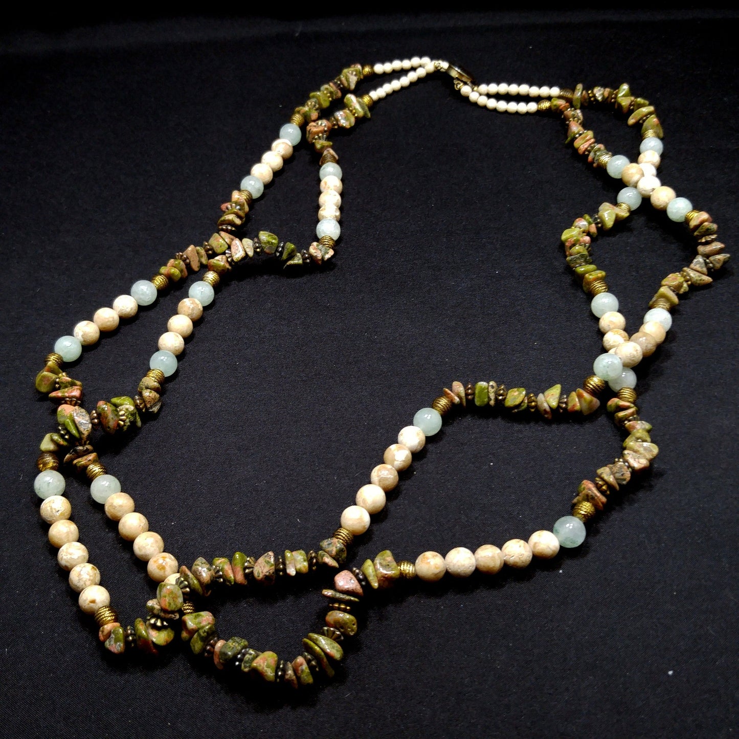 Gemstone Two Strand Beaded Necklace, Jade, Rhyolite and Quartz, 1980s Vintage Jewelry