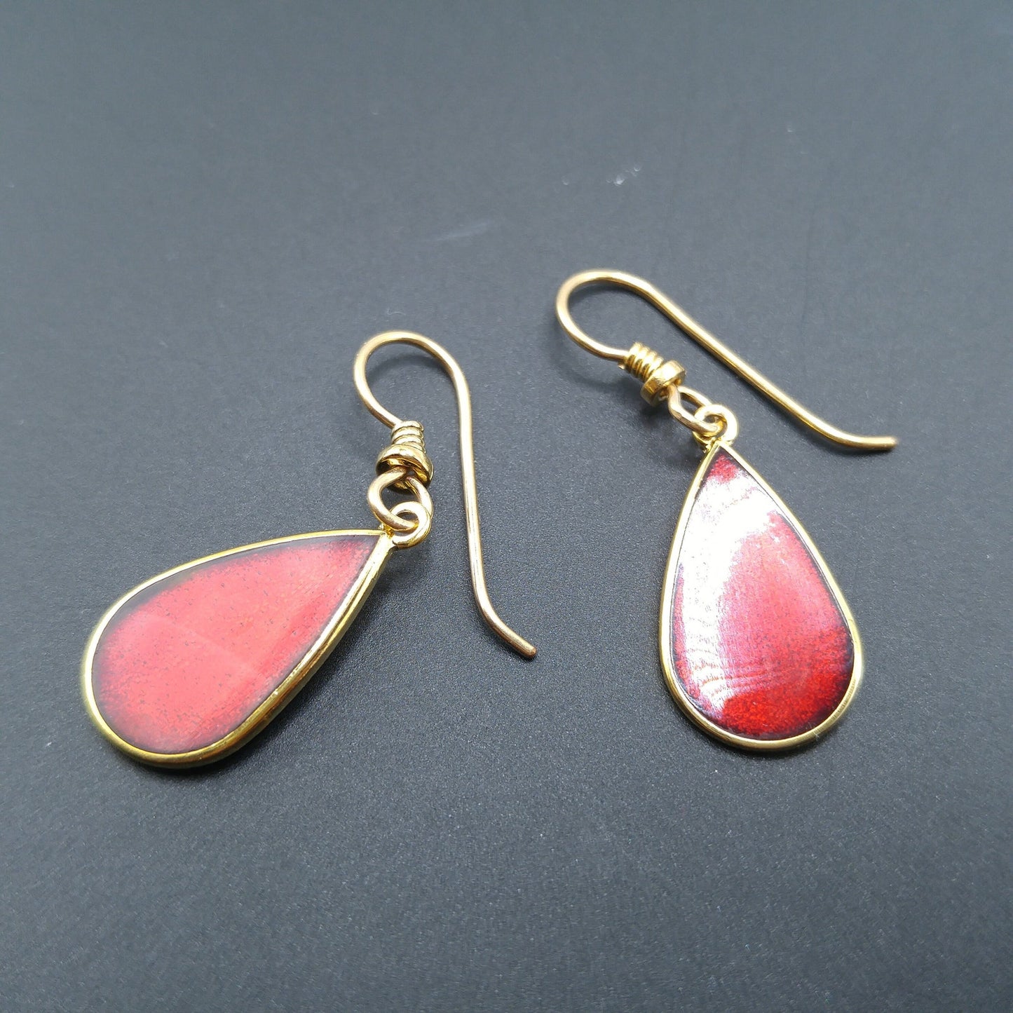 Vintage Laurel Burch Red Teardrop Earrings, Gold Plated, 1980s