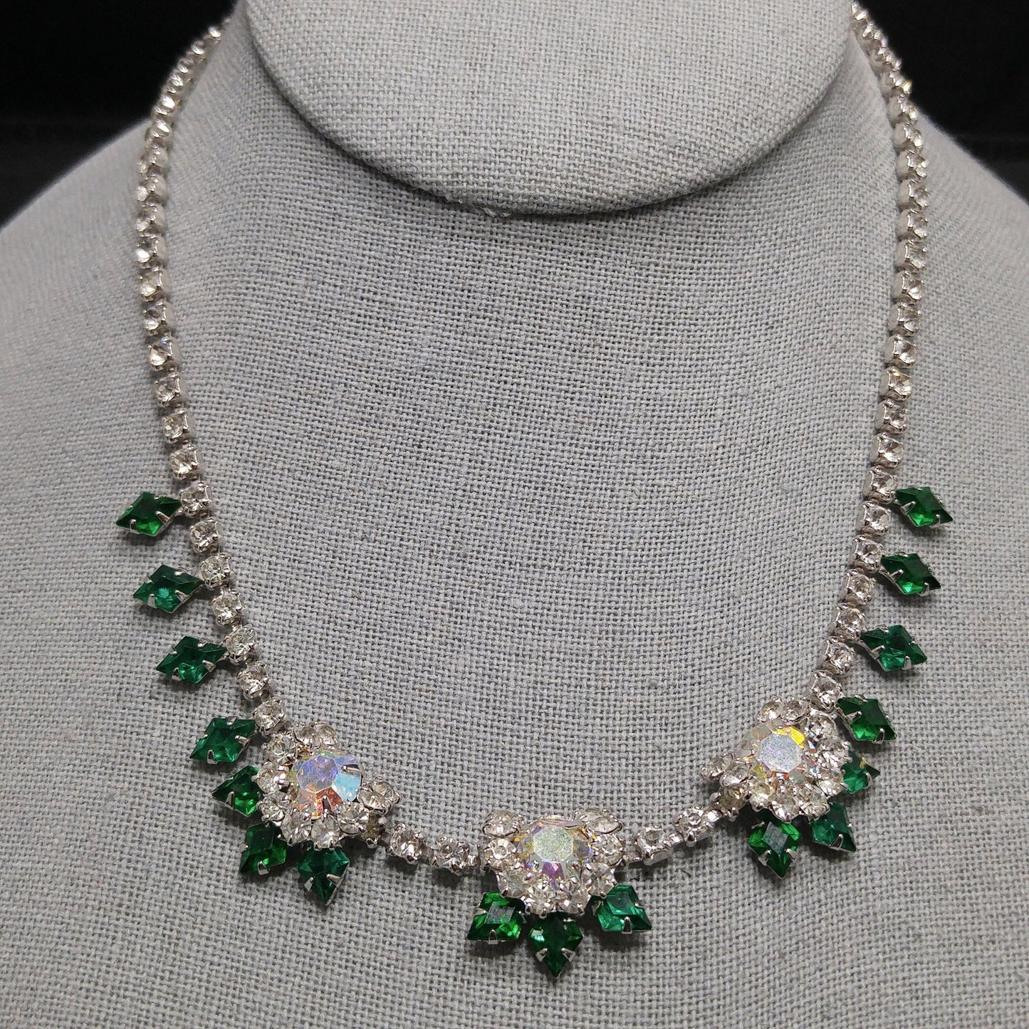 Vintage Green Clear Rhinestone Choker Necklace, Aurora Borealis, Rhodium Plated, 1960s Vintage Jewelry