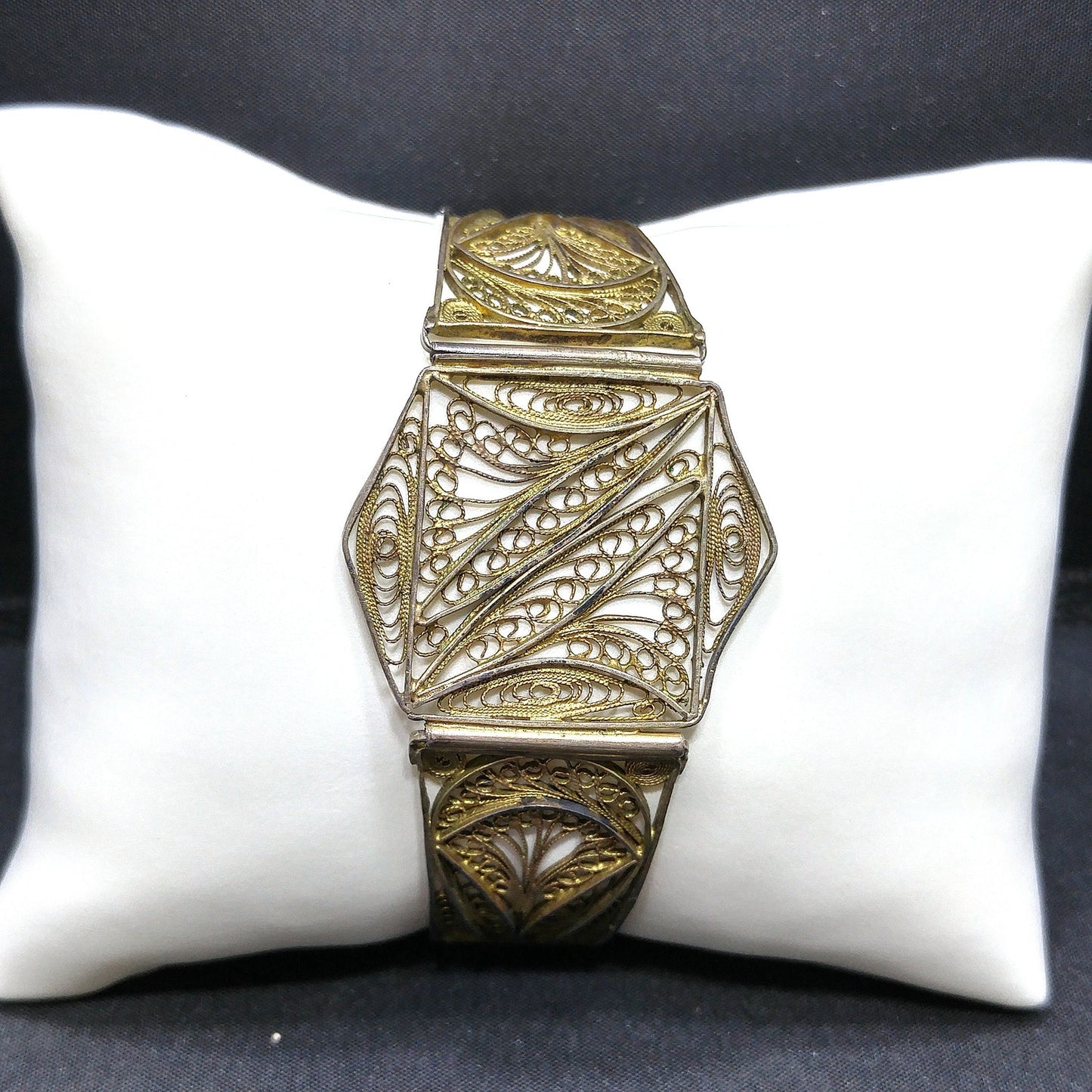 1920s Art Deco Cannetille Filigree Bracelet Gold Vermeil Silver 7 Inch