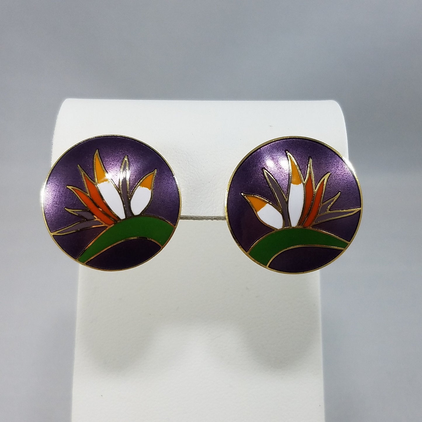 Vintage Laurel Burch Bird of Paradise Post Earrings Gold Cloisonne Enamel