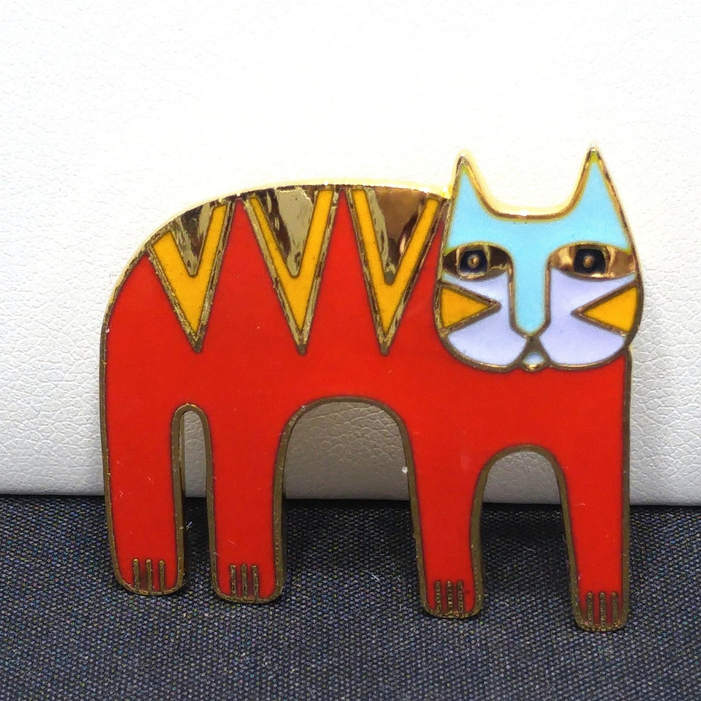 Laurel Burch "Magicat" Red Cat Brooch, Gold Plated Cloisonne Enamel, 1980s Vintage Jewelry