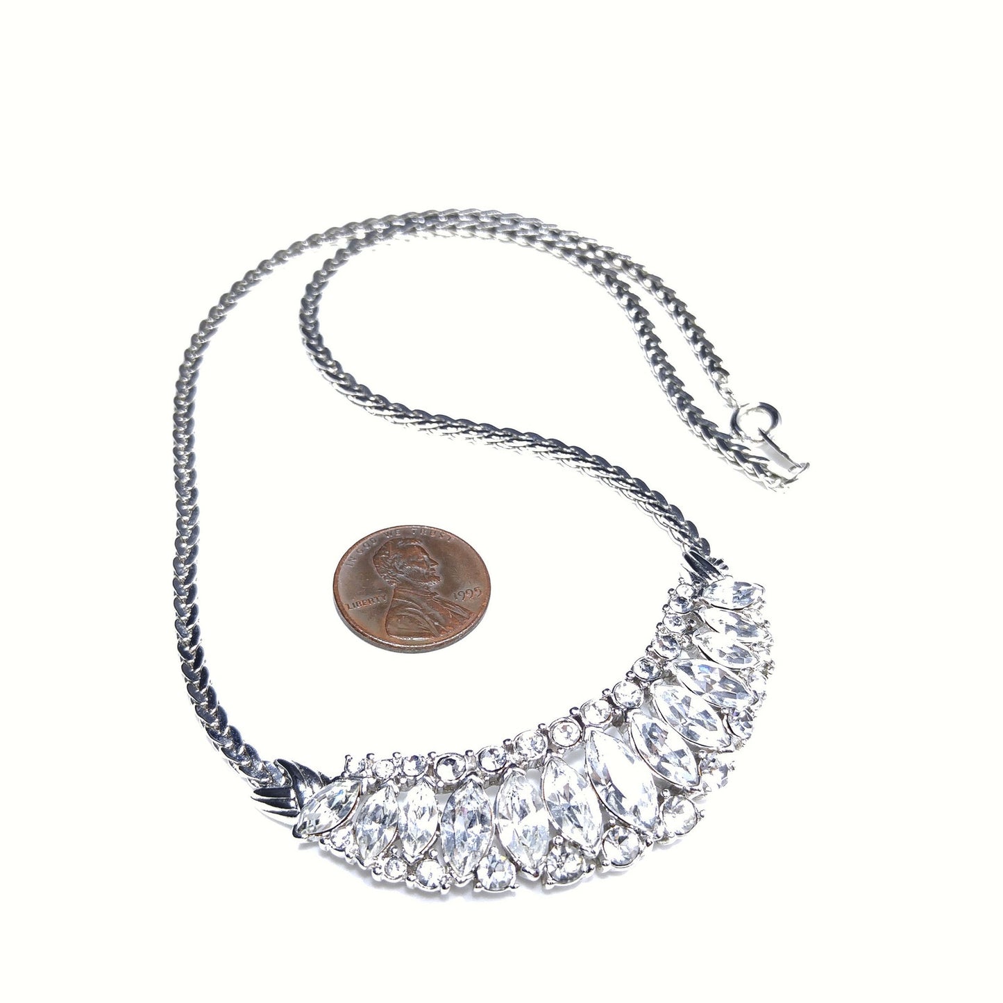 Trifari TM Clear Rhinestone Frontal Necklace, Silver Tone, 1980s Vintage Jewelry