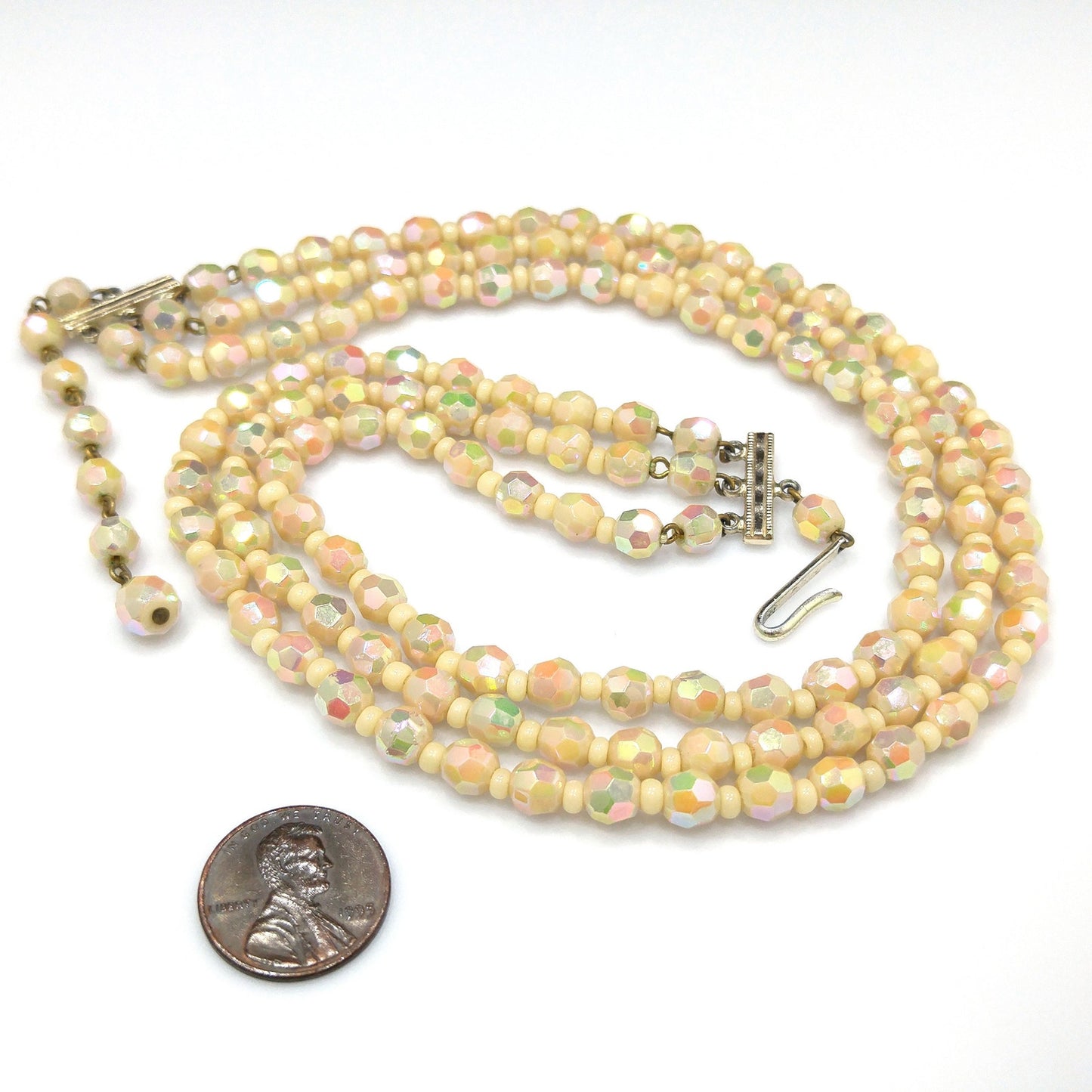 West Germany Fire Polished Beige Beaded Necklace, Three Strands, 1950s Vintage Jewelry