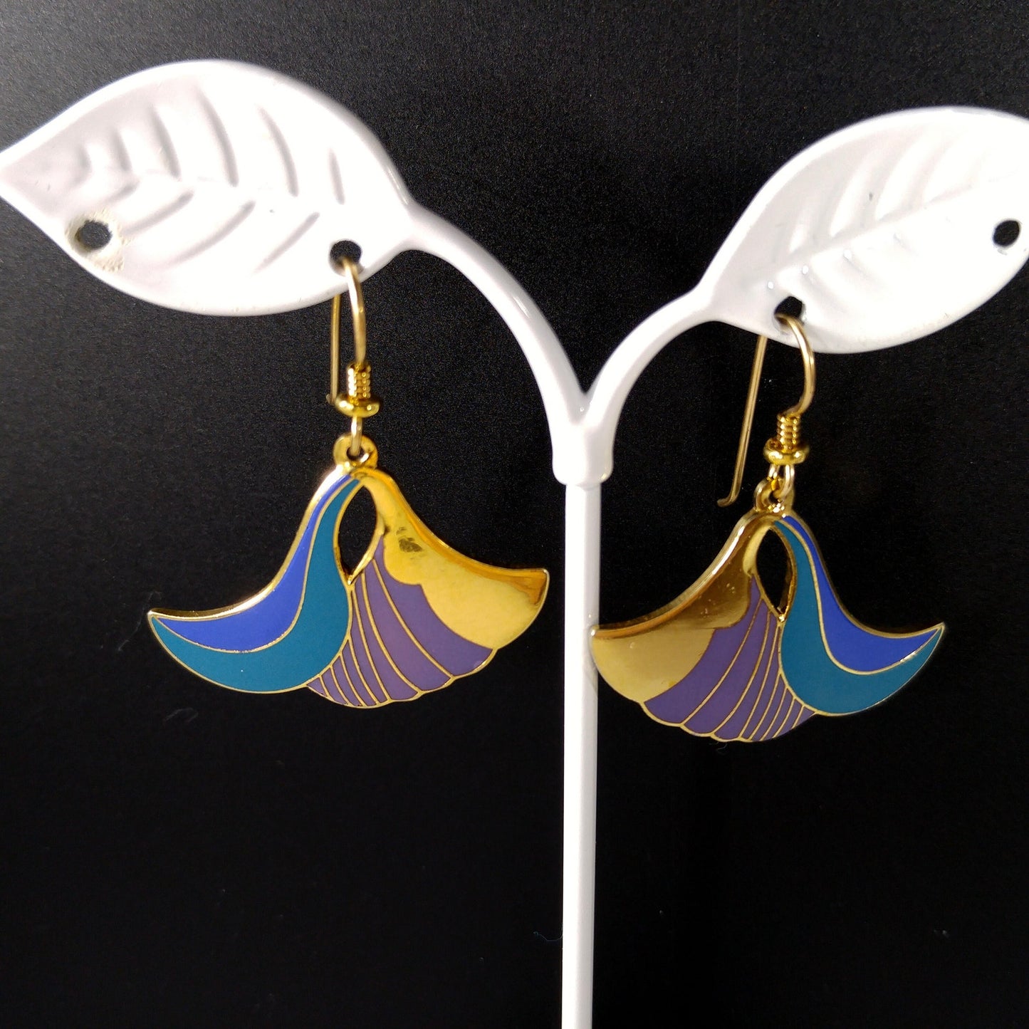 Laurel Burch "Egyptian Flower" Dangle Earrings, Gold Plated Cloisonne, Enamel Teal Purple, 1980s Vintage Jewelry