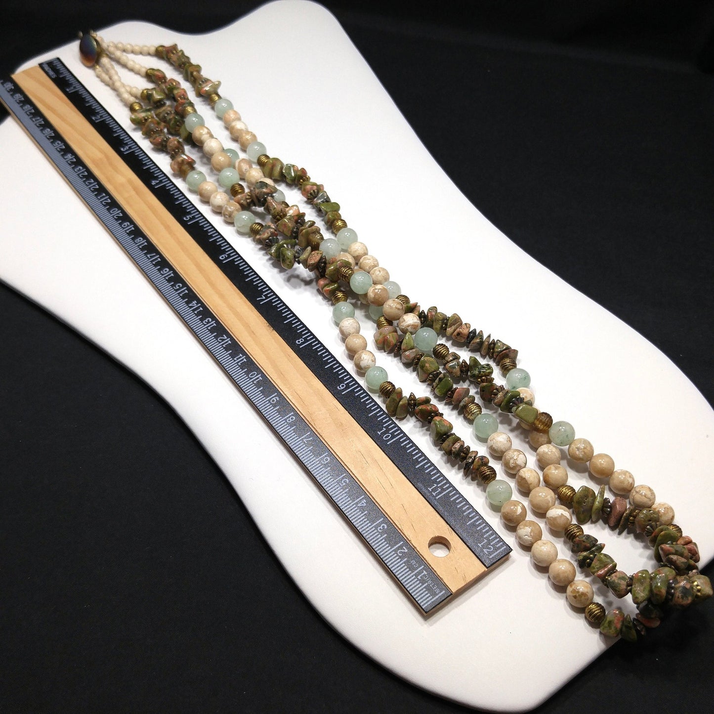 Gemstone Two Strand Beaded Necklace, Jade, Rhyolite and Quartz, 1980s Vintage Jewelry