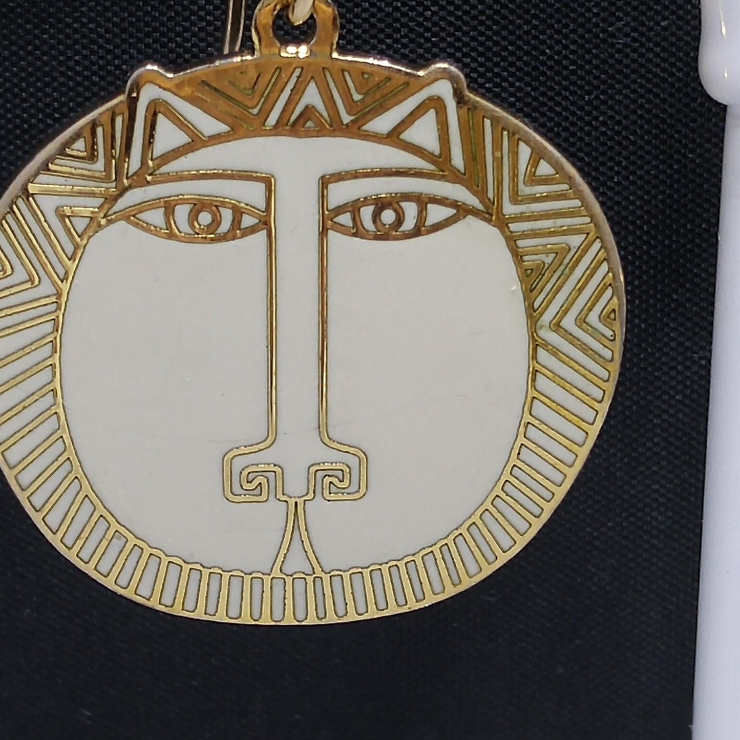 Laurel Burch "Moon Tiger" White Drop Earrings, Gold Plated Cloisonné, White Enamel, 1980s Vintage Jewelry