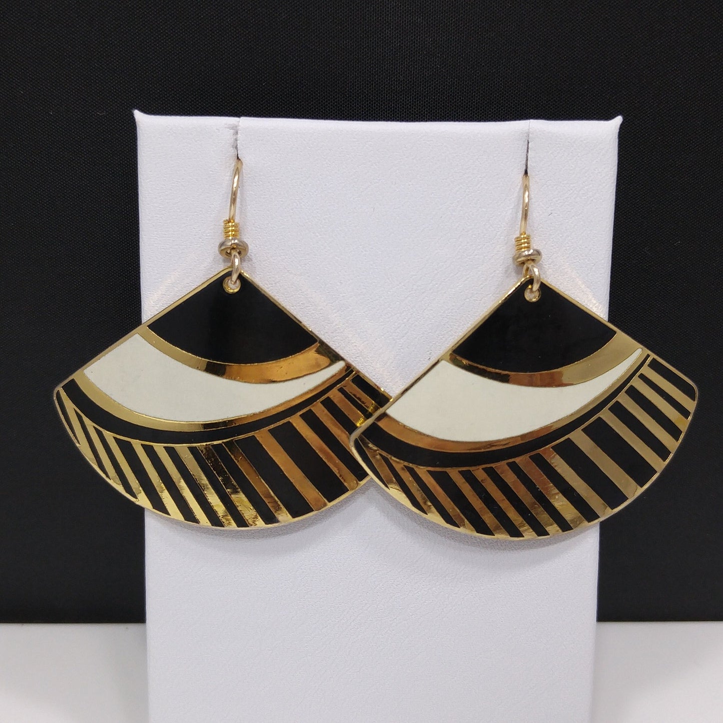Laurel Burch Geometric Fan Earrings, Black White & Gold, 1980s Vintage Jewelry