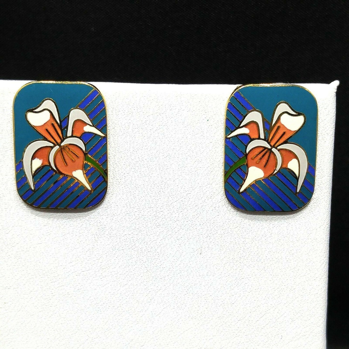 Laurel Burch Gold Plate "Iris" Teal Blue & Orange Enamel Cloisonne, 1980s