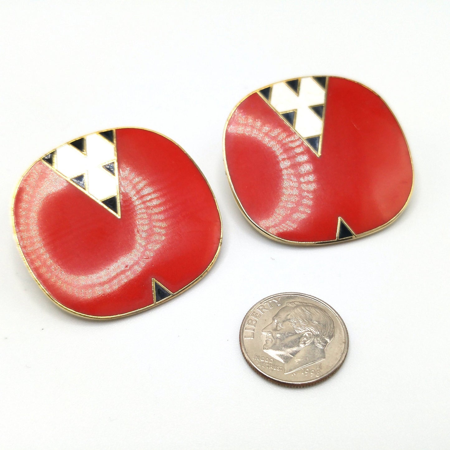 Laurel Burch "Mantra" Large Clip Earrings, Red White Black Enamel, Gold Plated, 1980s Vintage Jewelry