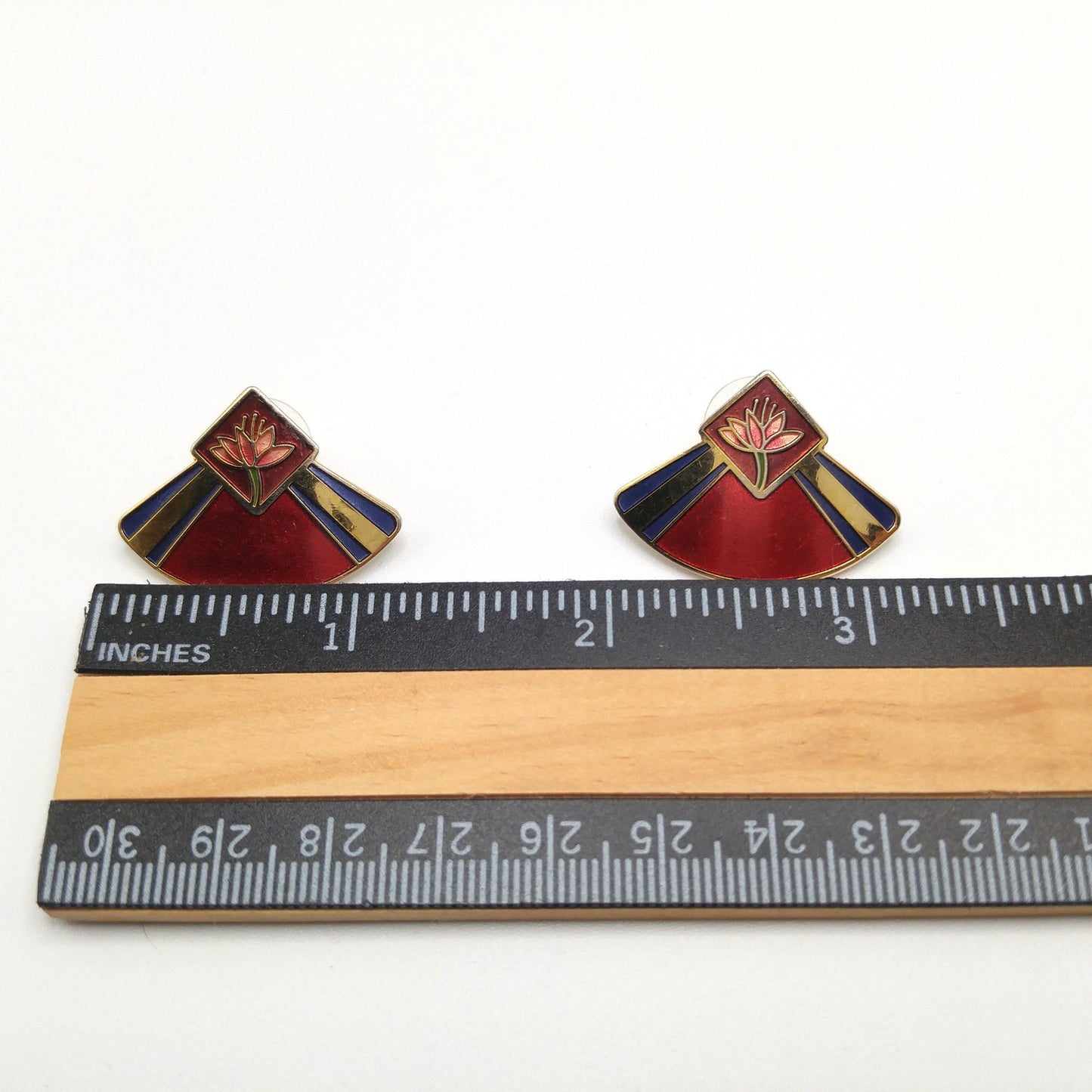 Vintage Laurel Burch "Water Lily" Post Earrings, Gold Plated, Enamel Red Purple