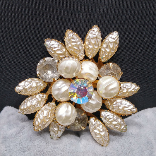 Lava Glass Floral Brooch, Faux Baroque Pearls, Aurora Borealis, 1950s Vintage Jewelry