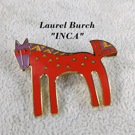 Laurel Burch "Inca" Red Horse Brooch, Cloisonné Gold Plated, 1980s Vintage Jewelry