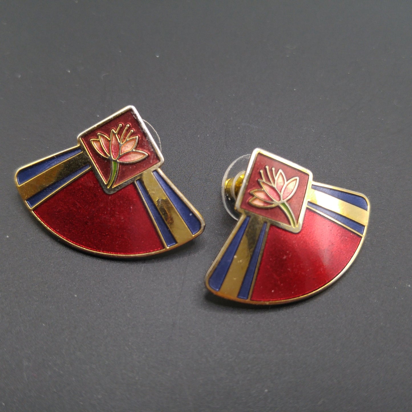 Vintage Laurel Burch "Water Lily" Post Earrings, Gold Plated, Enamel Red Purple