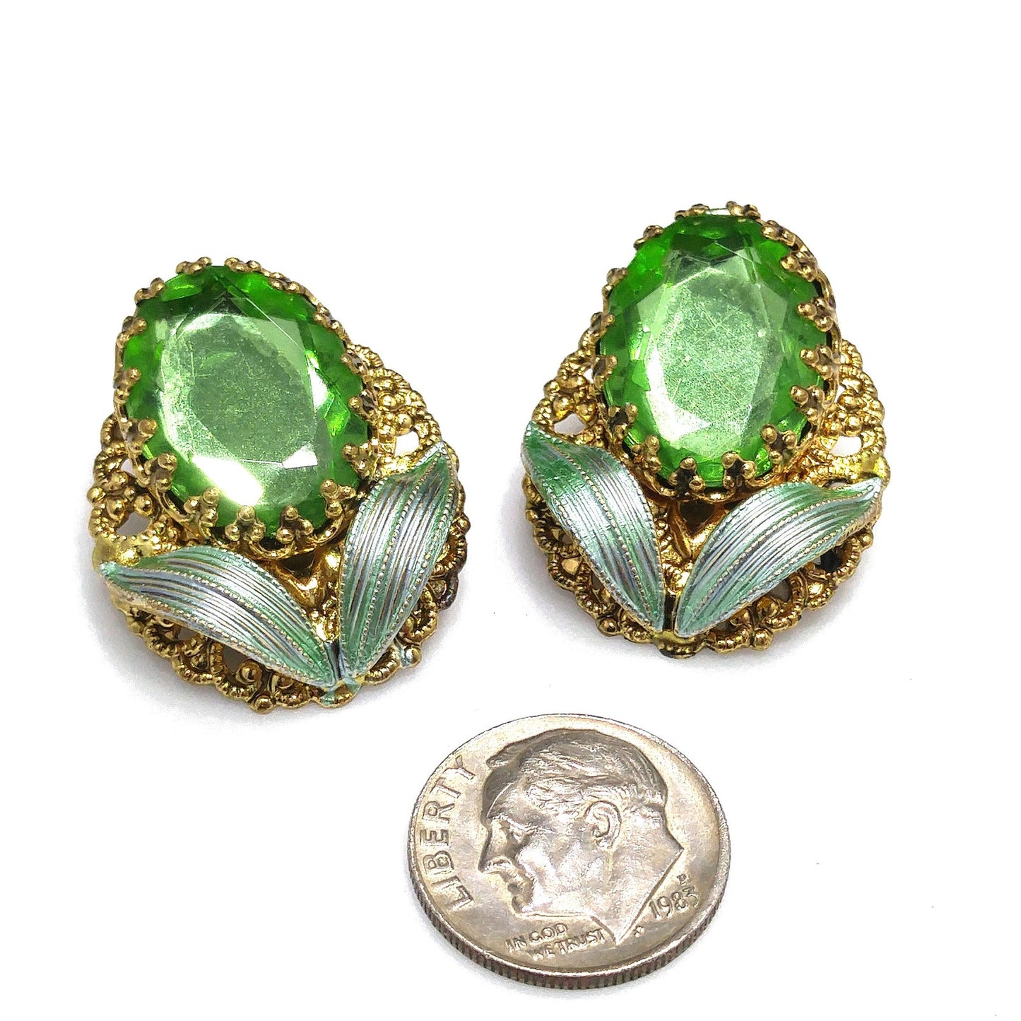 West Germany Green Clip Earrings, Filigree Green Enamel, Faux Pearls, 1950s Vintage Jewelry