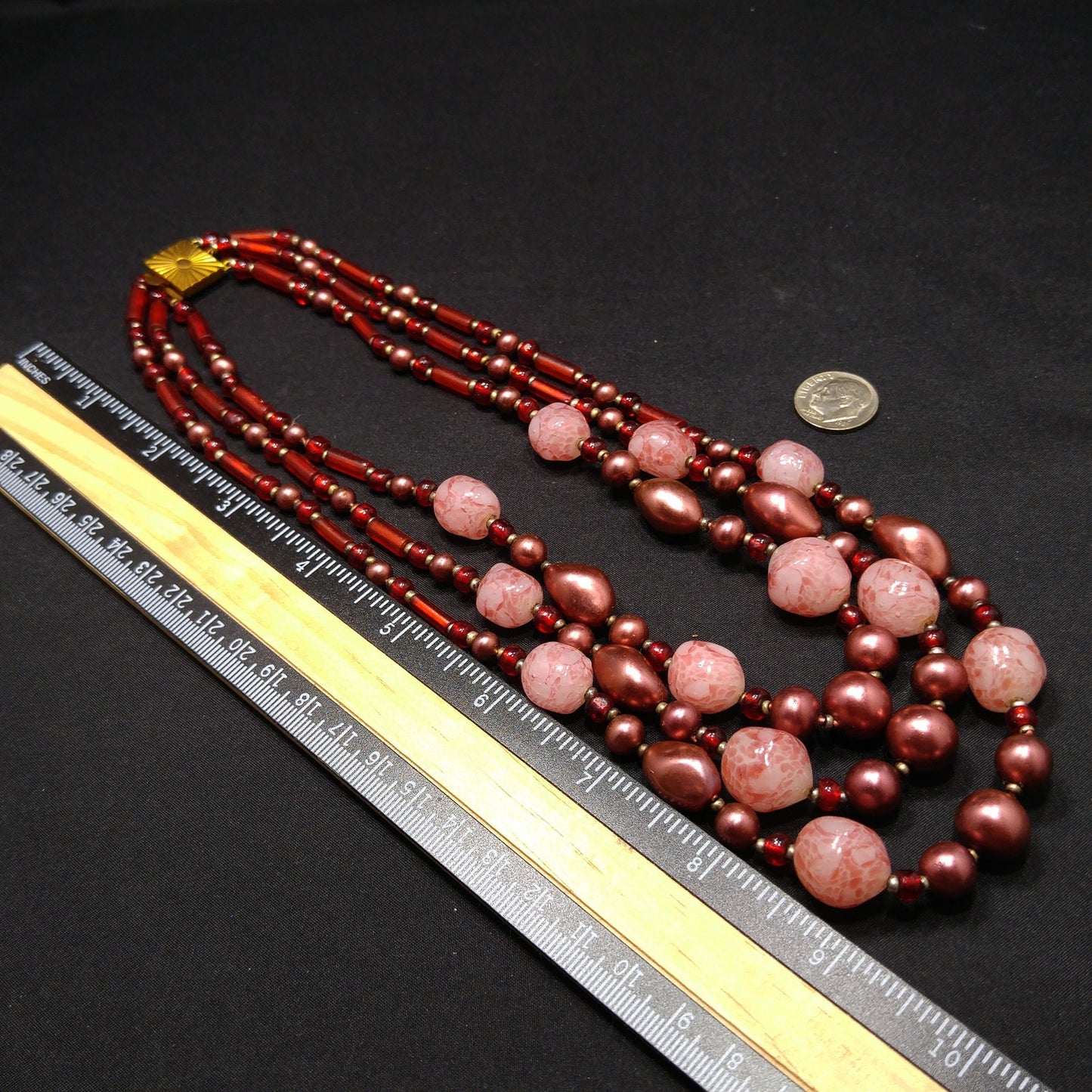 Vintage Art Glass Beaded Necklace, Three Strands, 1940s Vintage Jewelry