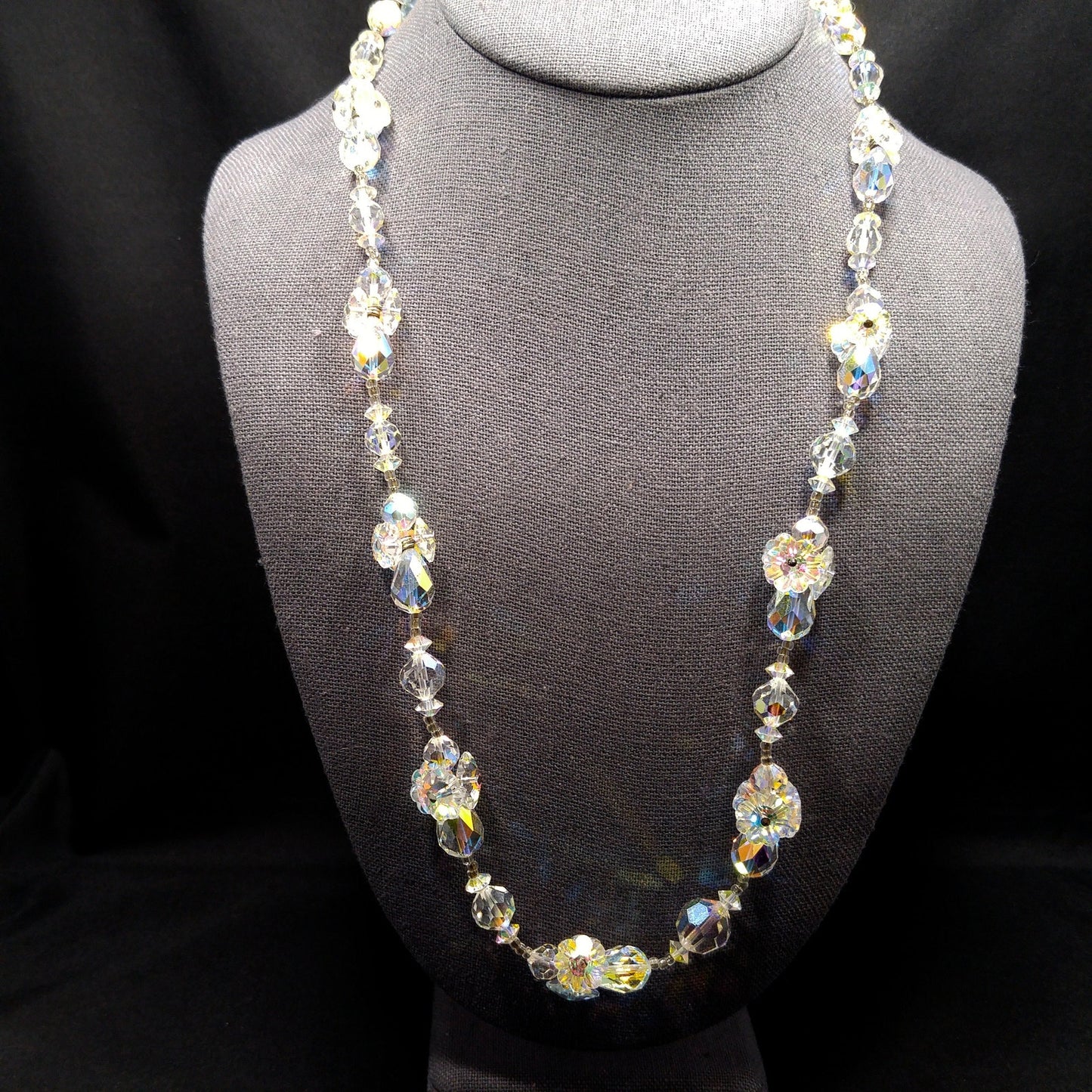 Vendome Flower Margarita Beaded Necklace, Aurora Borealis Clear Crystal Beads, 1960s Vintage Jewelry