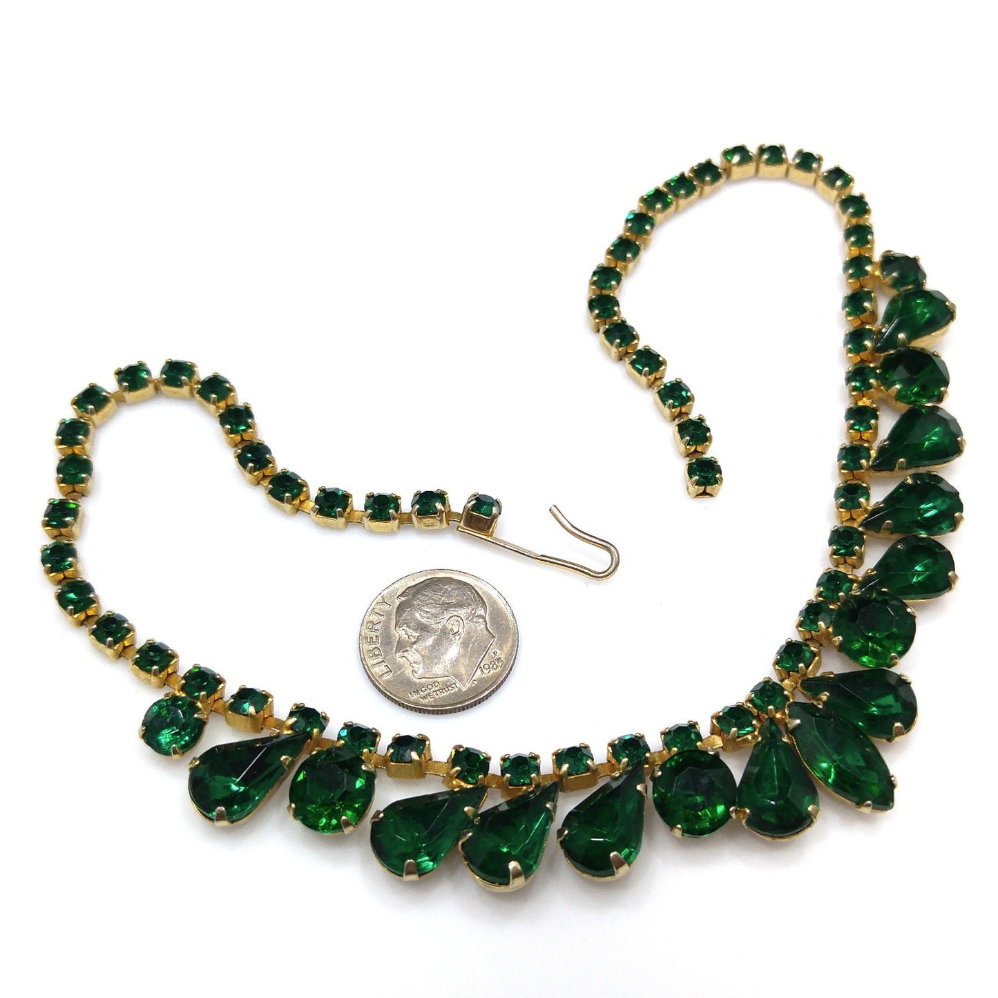 Vintage Emerald Green Rhinestone Choker Necklace, Gold Plated, 14 3/4 Inches, 1960s Vintage Jewelry