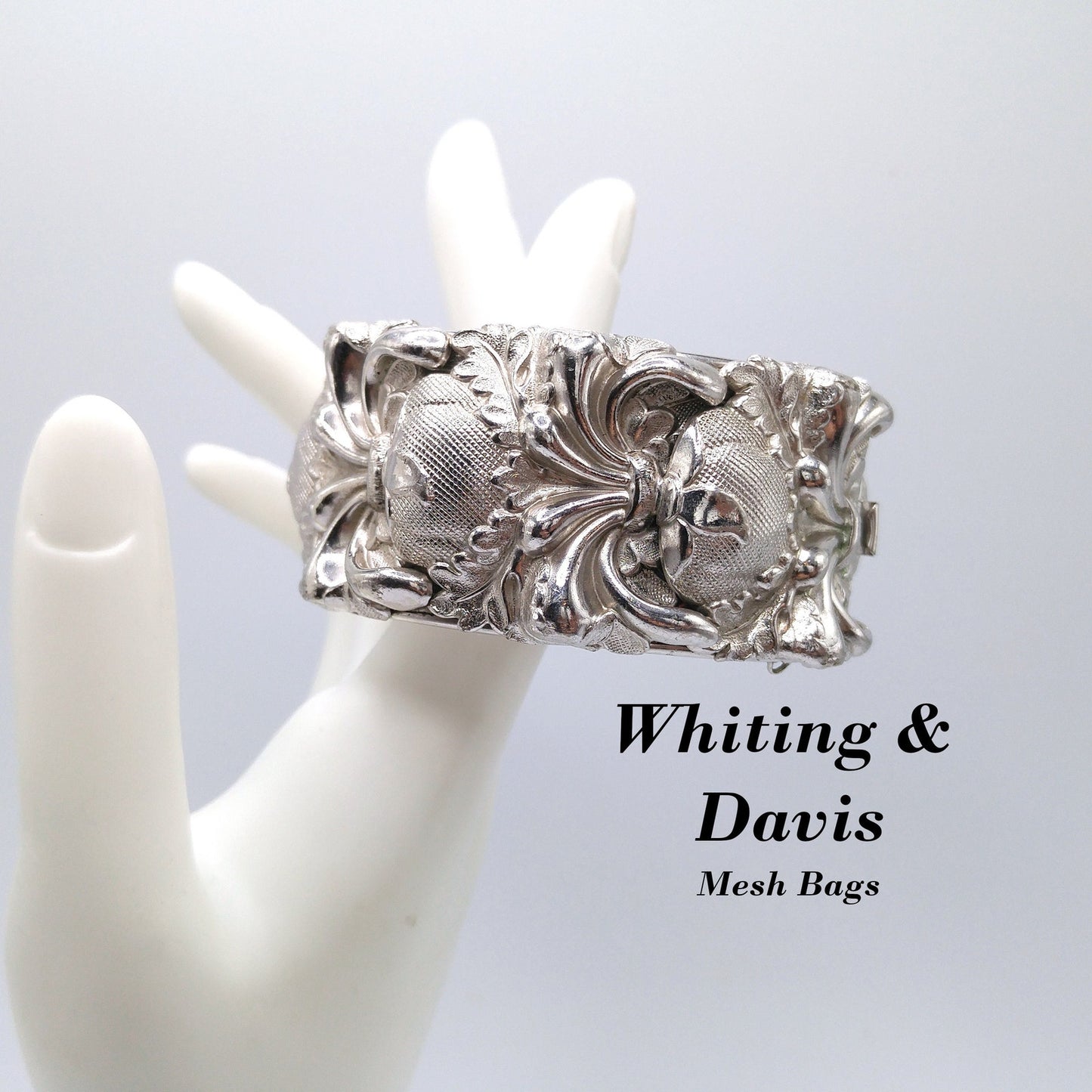 Whiting & Davis Floral Wide Hinged Bracelet, Rhodium Plated, Book Piece, 1970s Vintage Jewelry