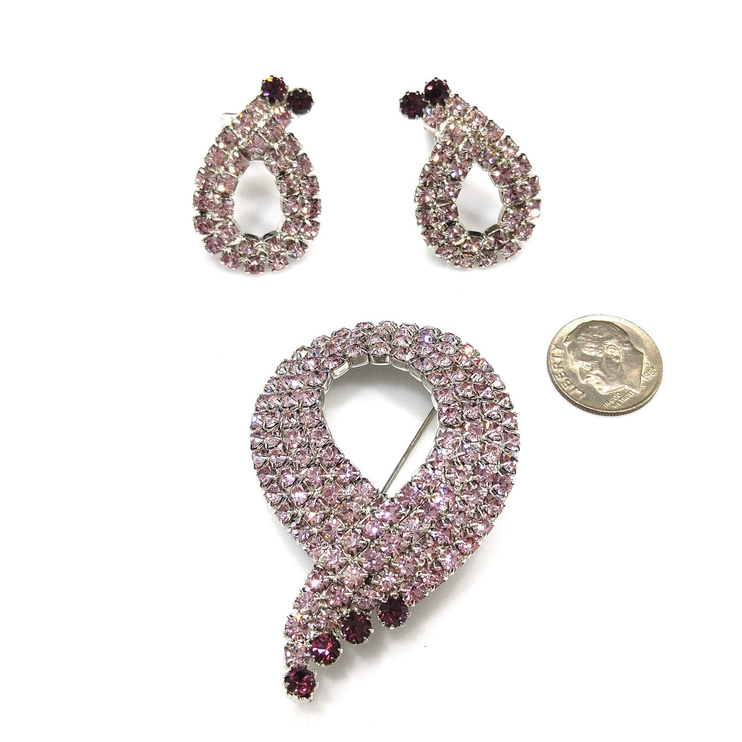 Purple Lavender Rhinestone Brooch & Earrings Set, Mid Century Modern, Rhodium Plated, 1960s Vintage Jewelry