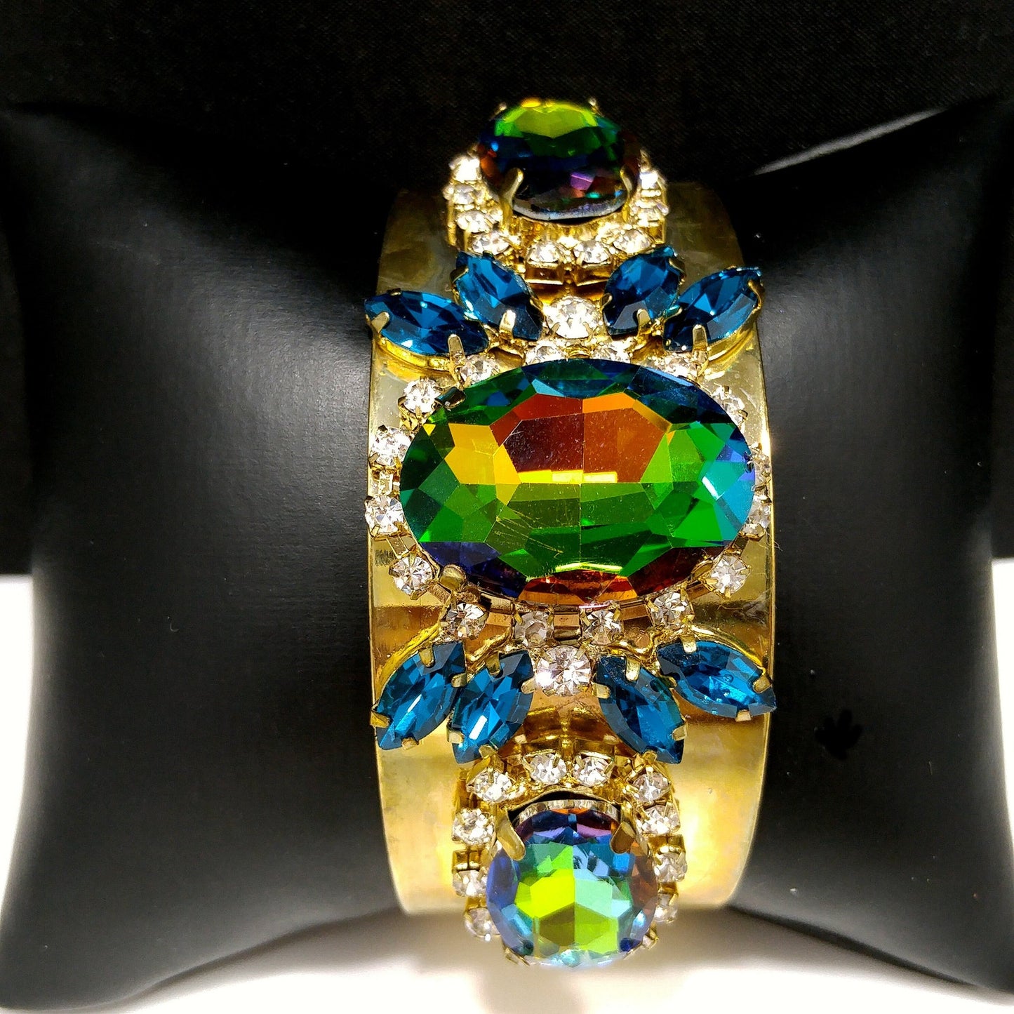 Brass Cuff Bracelet, Watermelon Crystal Rhinestones, Golden Brass, Clear & Sapphire Blue Rhinestones, Vintage Jewelry