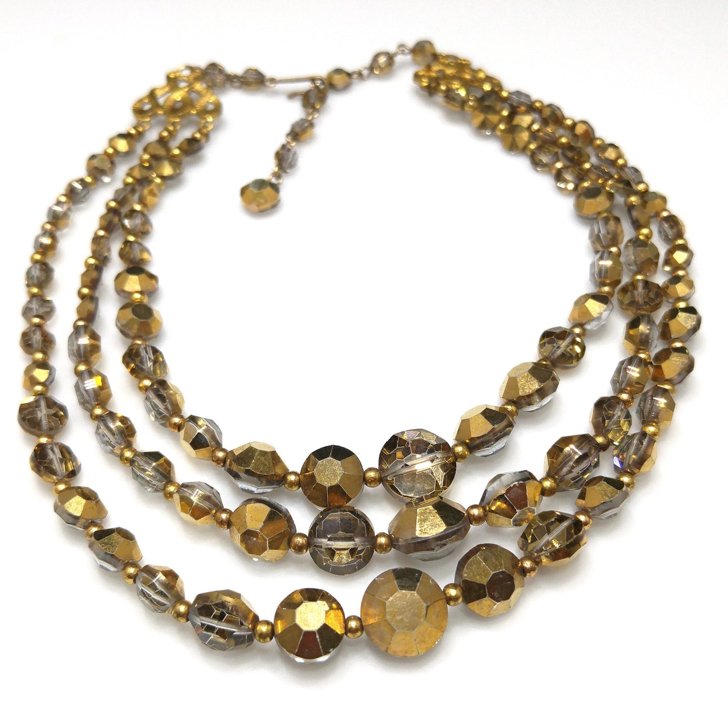 Mid-Century Gold Aspirin Crystal Bead Necklace, Three Strands, 1960s Vintage Jewelry