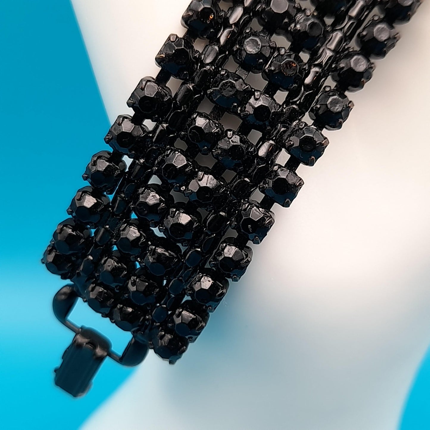 Vintage Weiss Black Rhinestone Bracelet, Japanned Finish, 1960s Jewelry