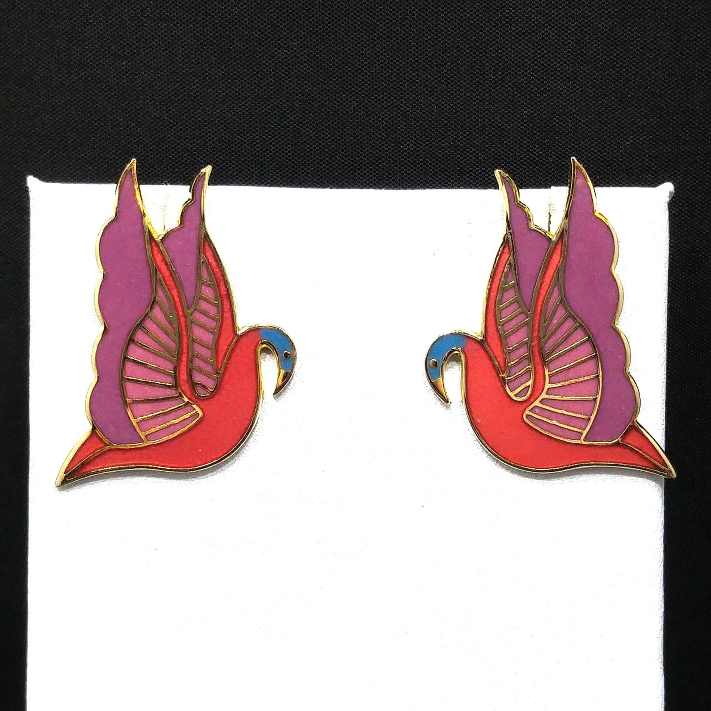 Laurel Burch "Swan" Cloisonné Post Earrings, Red Purple Pink Blue Enamel, Gold Plate, 1980s Vintage Jewelry