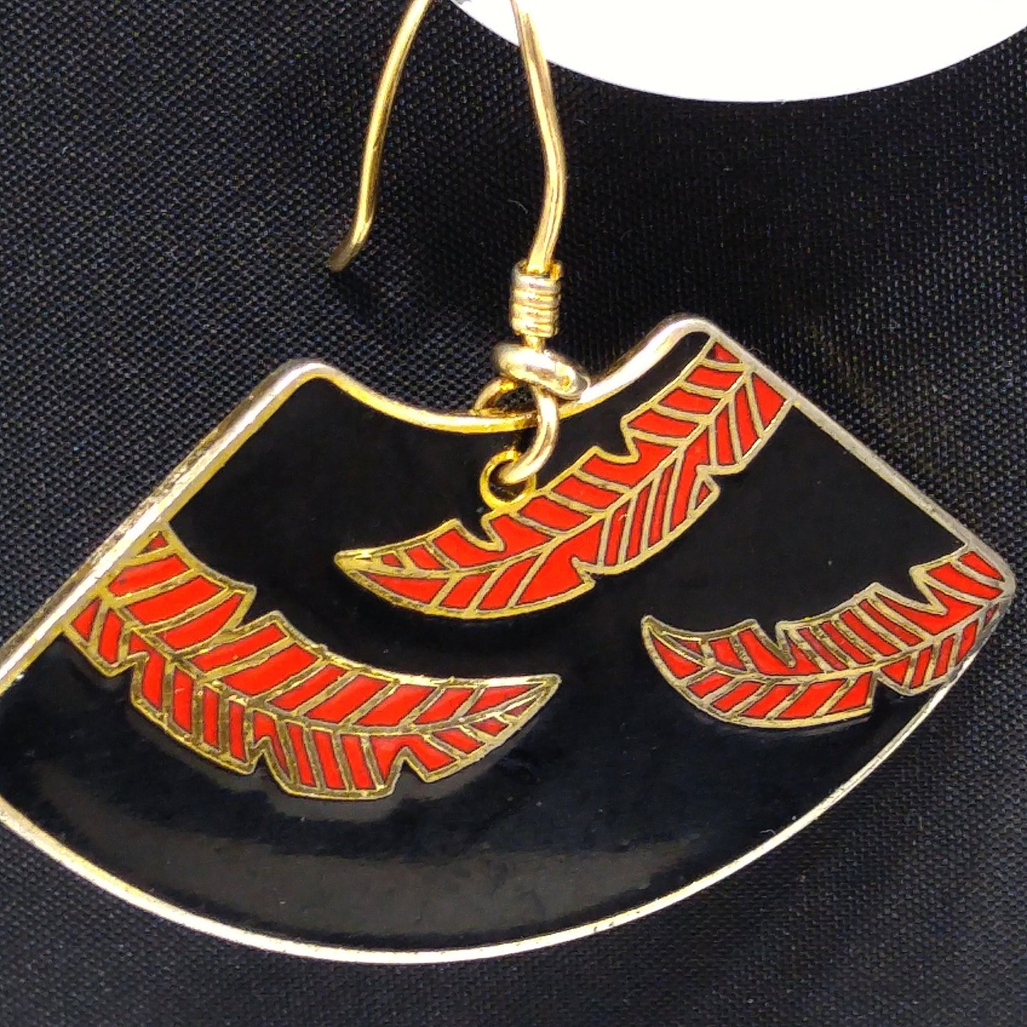 Laurel Burch Large Fan Earrings, Palm Leaves Design, Black Red Enamel, Gold Plated, 1980s