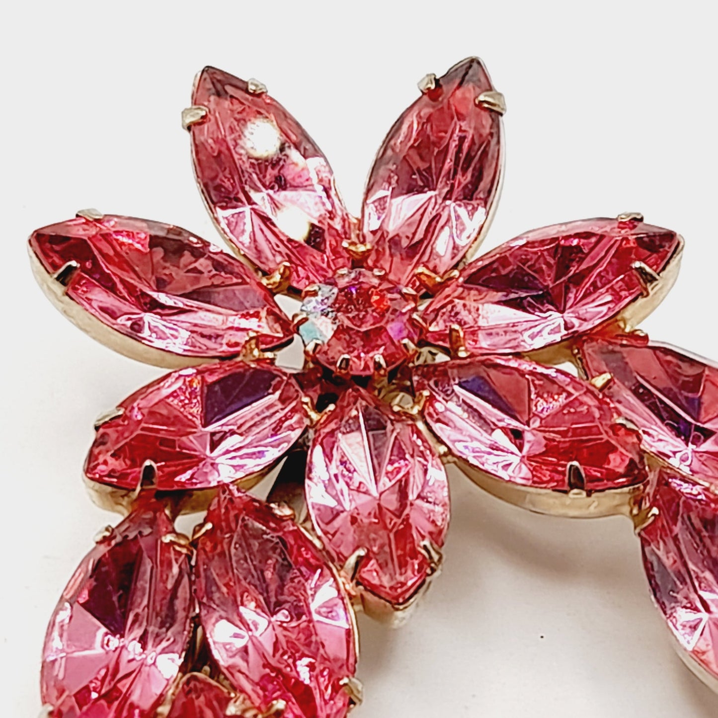 Vintage Pink Rhinestone Floral Brooch, Marquise Stones, 1950s Jewelry