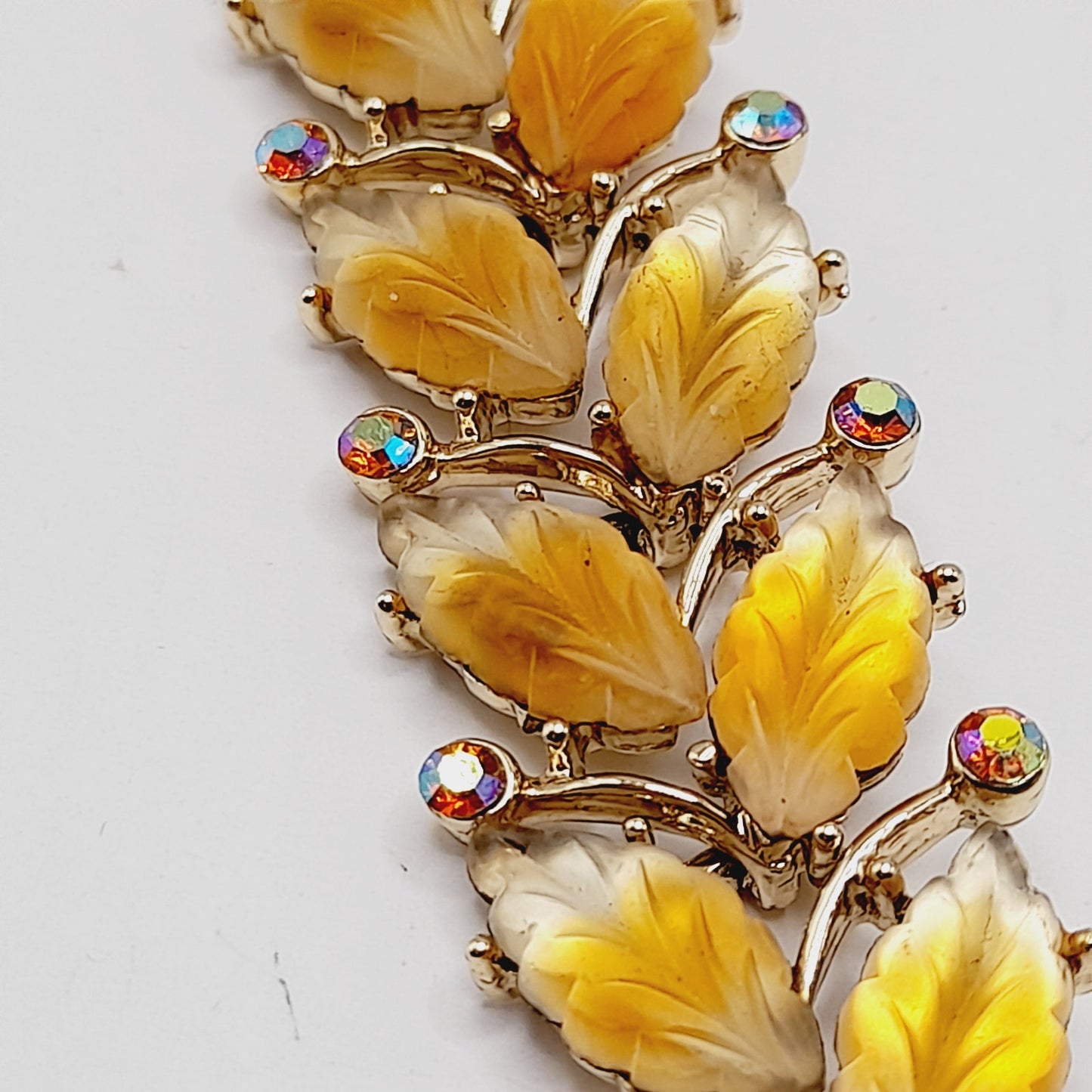Vintage Kramer Golden Leaf Lucite AB Rhinestone Wide Bracelet