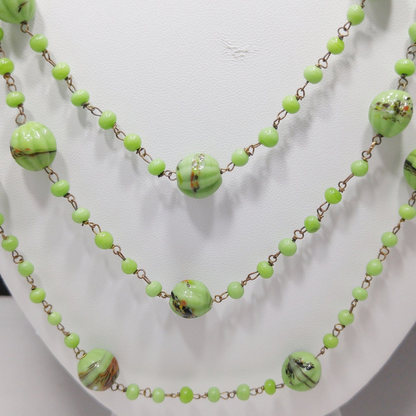 Hand Painted Light Green Flapper Necklace, 70 Inches, Wire Wrapped, 1920s Vintage Jewelry