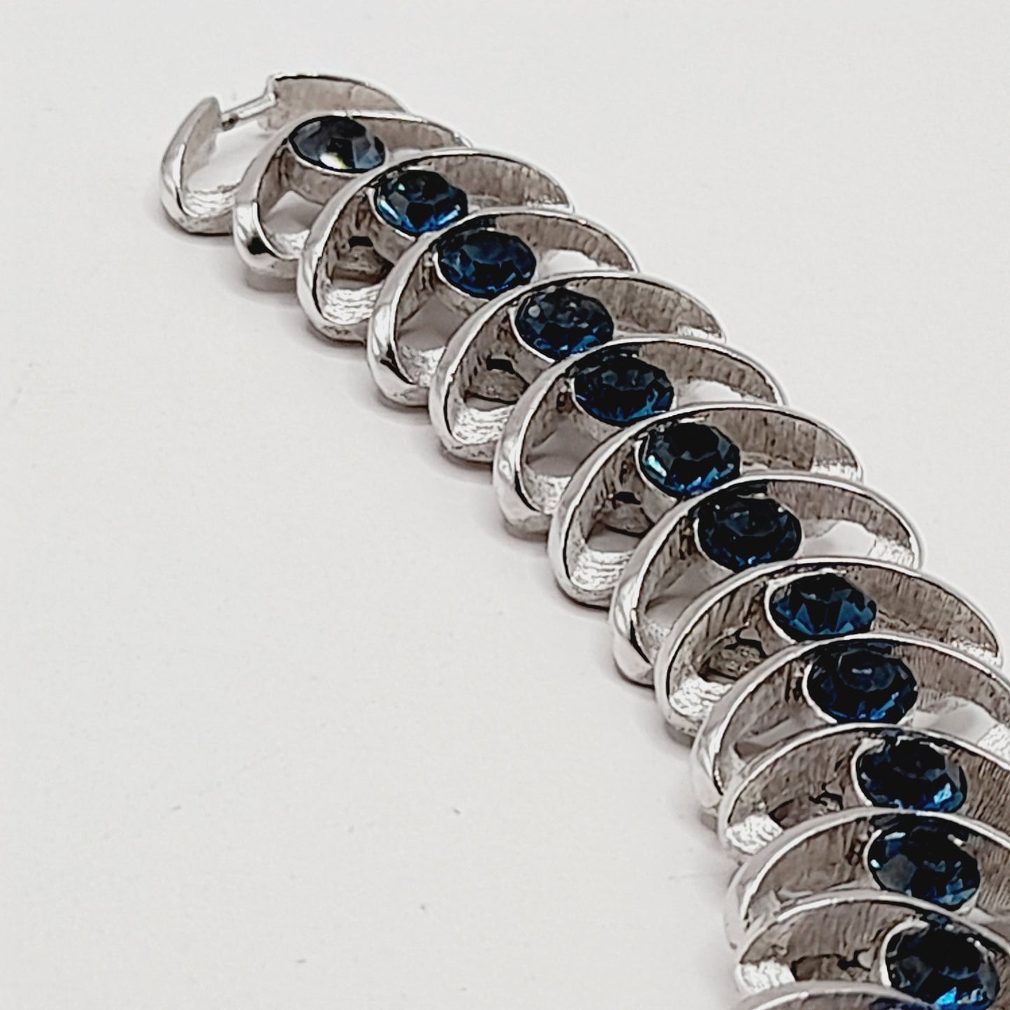 Vintage Crown Trifari Blue Rhinestone Bracelet – Rhodium Plated – 6.75 Inches