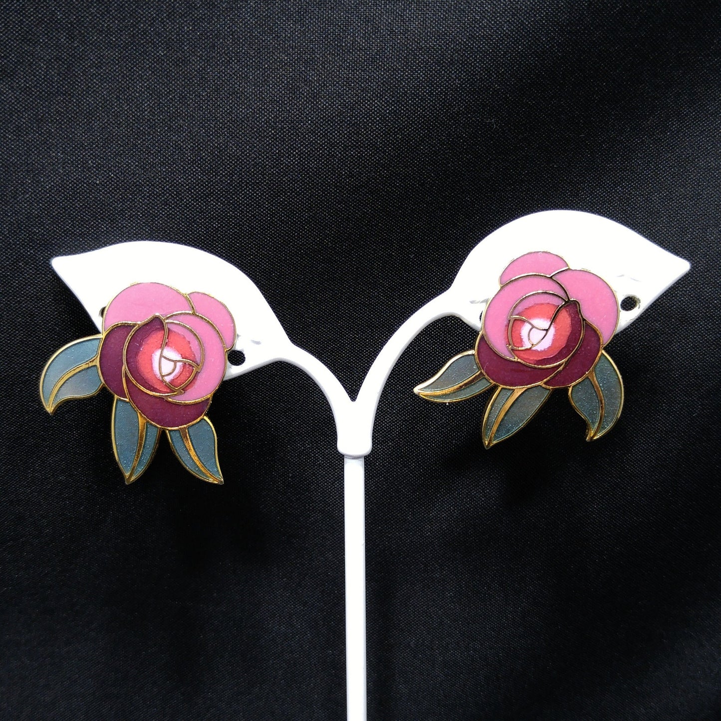Laurel Burch "Deco Rose" Clip On Earrings, Pink Red Green Enamel, Gold Plated