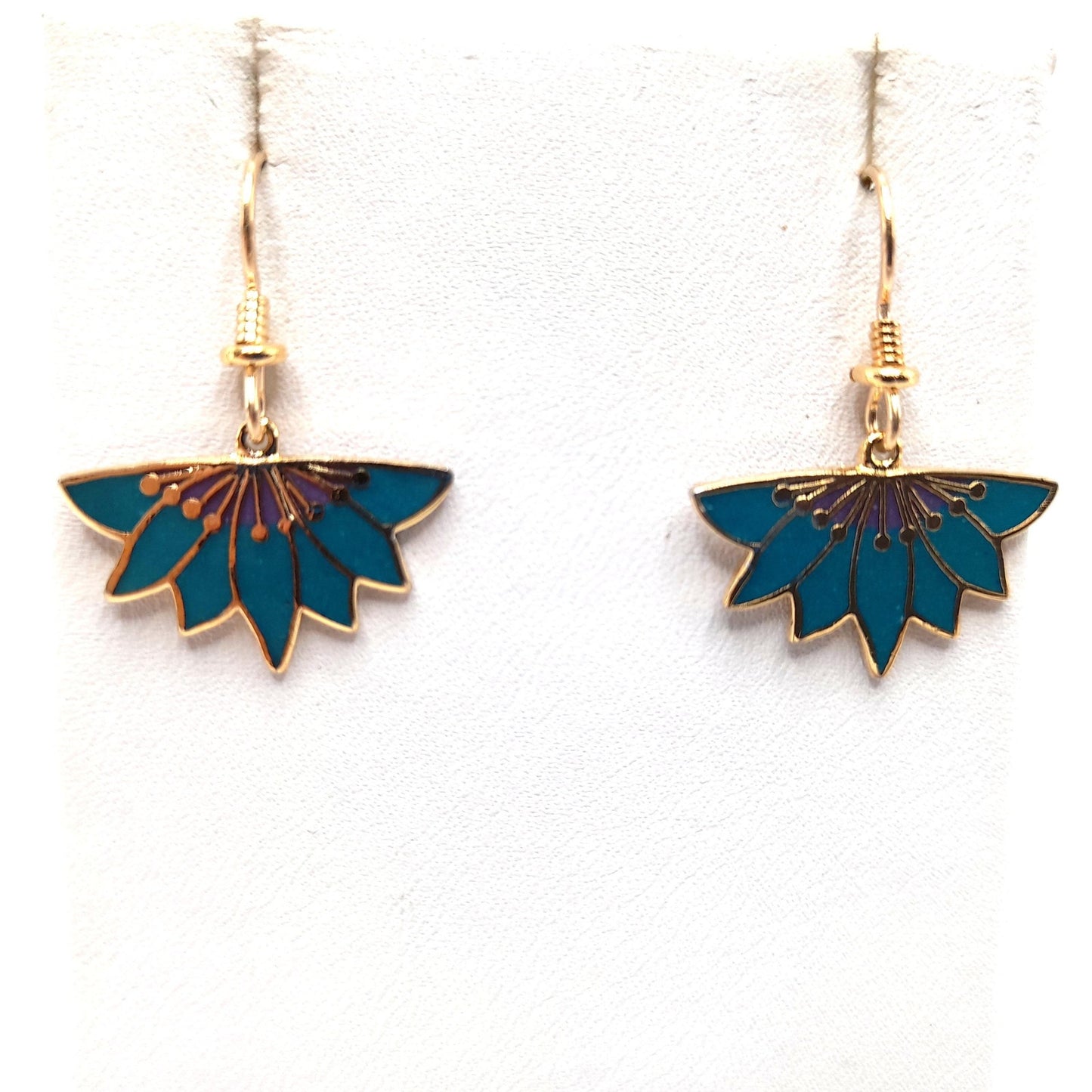 Vintage Laurel Burch Floral Earrings, Gold Plated, Teal Green Enamel