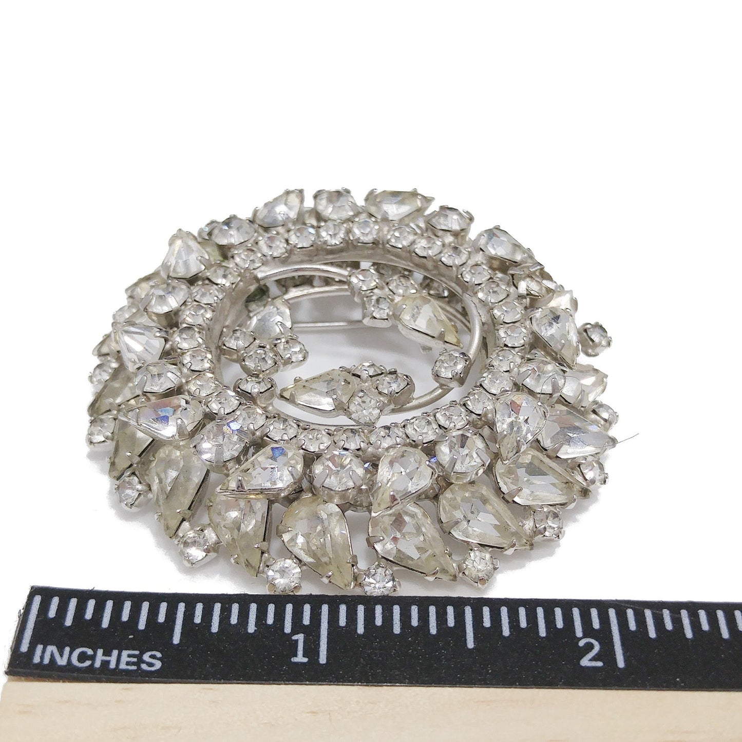 Vintage Clear Rhinestone 2 Tiered Brooch, Wedding Jewelry, Rhodium Plated, 1960s Vintage Jewelry