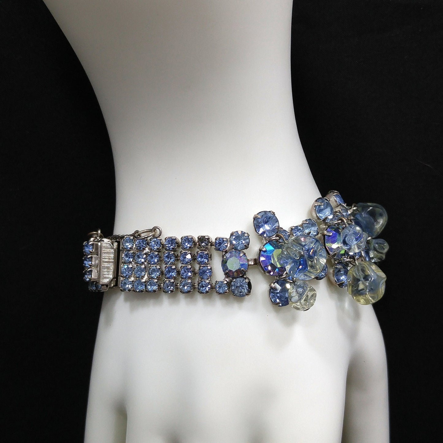 Light Blue AB Rhinestone Bracelet, Glass Dangle Clear Beads, Rhodium Plated, 1950s Vintage Jewelry