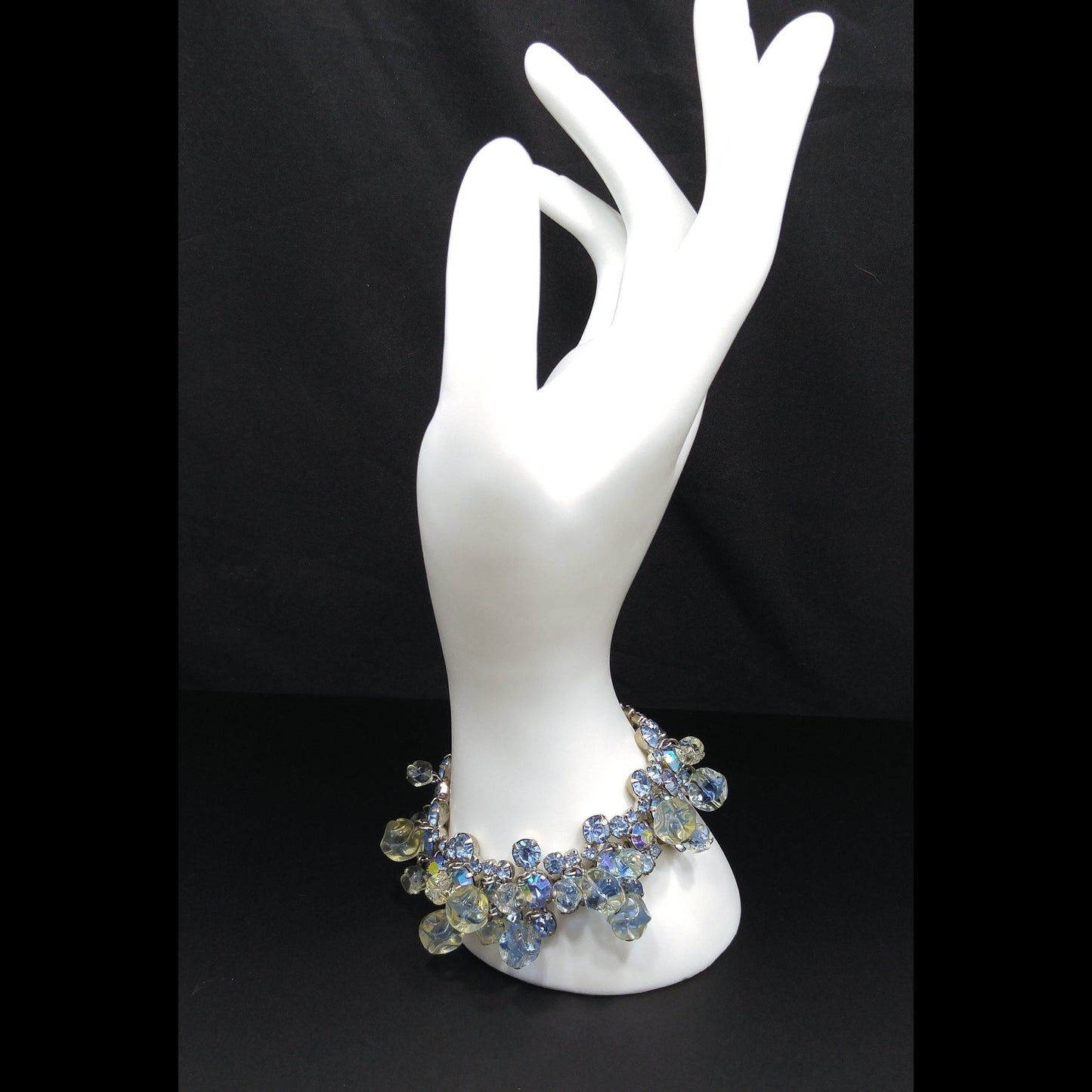 Light Blue AB Rhinestone Bracelet, Glass Dangle Clear Beads, Rhodium Plated, 1950s Vintage Jewelry