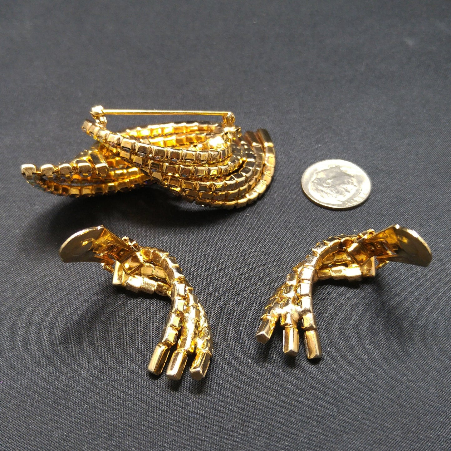Mid-century Modern AB Rhinestone Brooch Earrings, Gold Plated, 1960s Vintage Jewelry