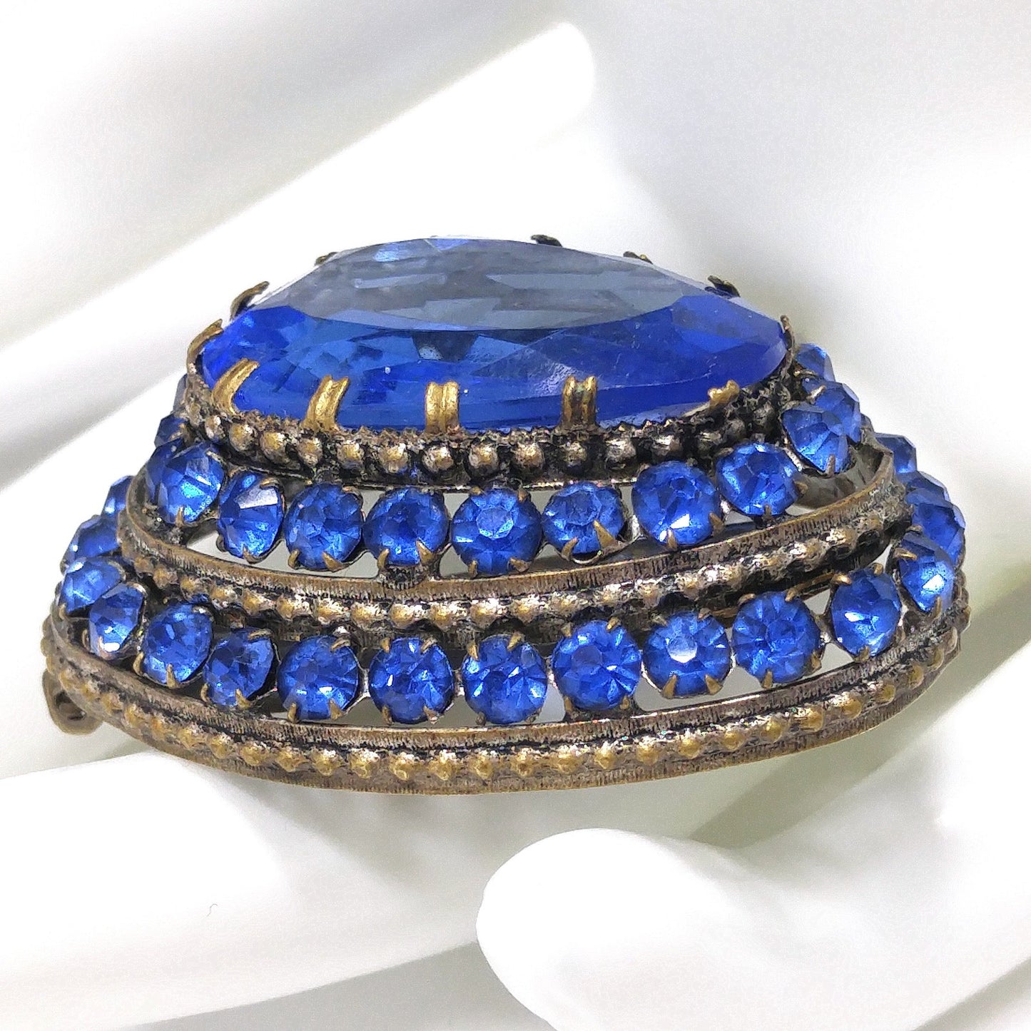 Czech Blue Glass & Rhinestone Dress Clip, 1940 Vintage Jewelry