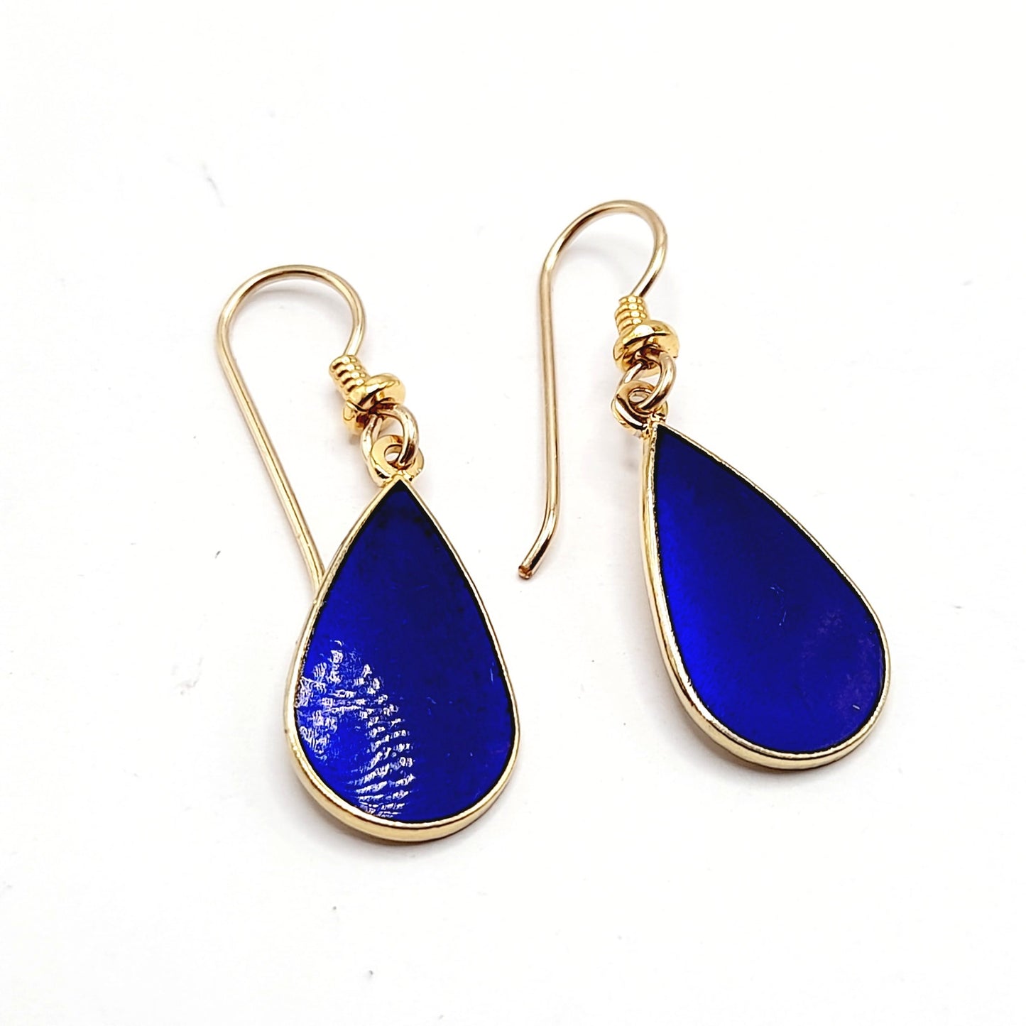 Vintage Laurel Burch "Tear" Blue Enamel Gold Plated Earrings - 1 3/8 Inches