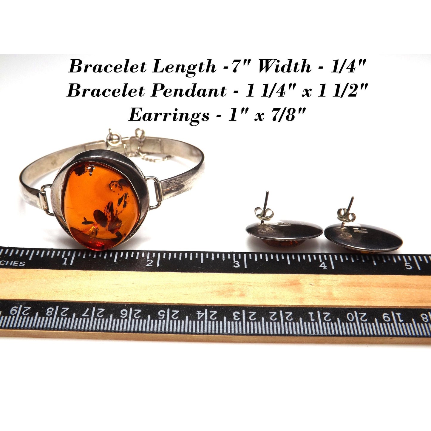 Sterling Silver Baltic Amber Cuff Bracelet Earrings Set, Poland 925 AT1, 1990s Vintage Jewelry