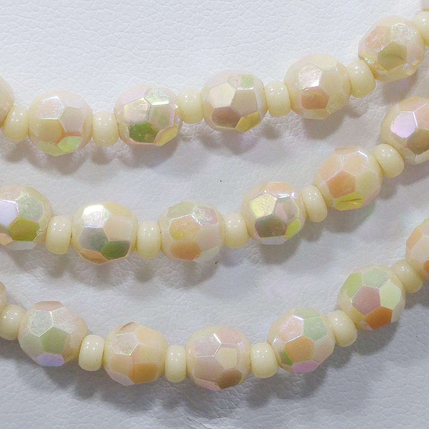 West Germany Fire Polished Beige Beaded Necklace, Three Strands, 1950s Vintage Jewelry