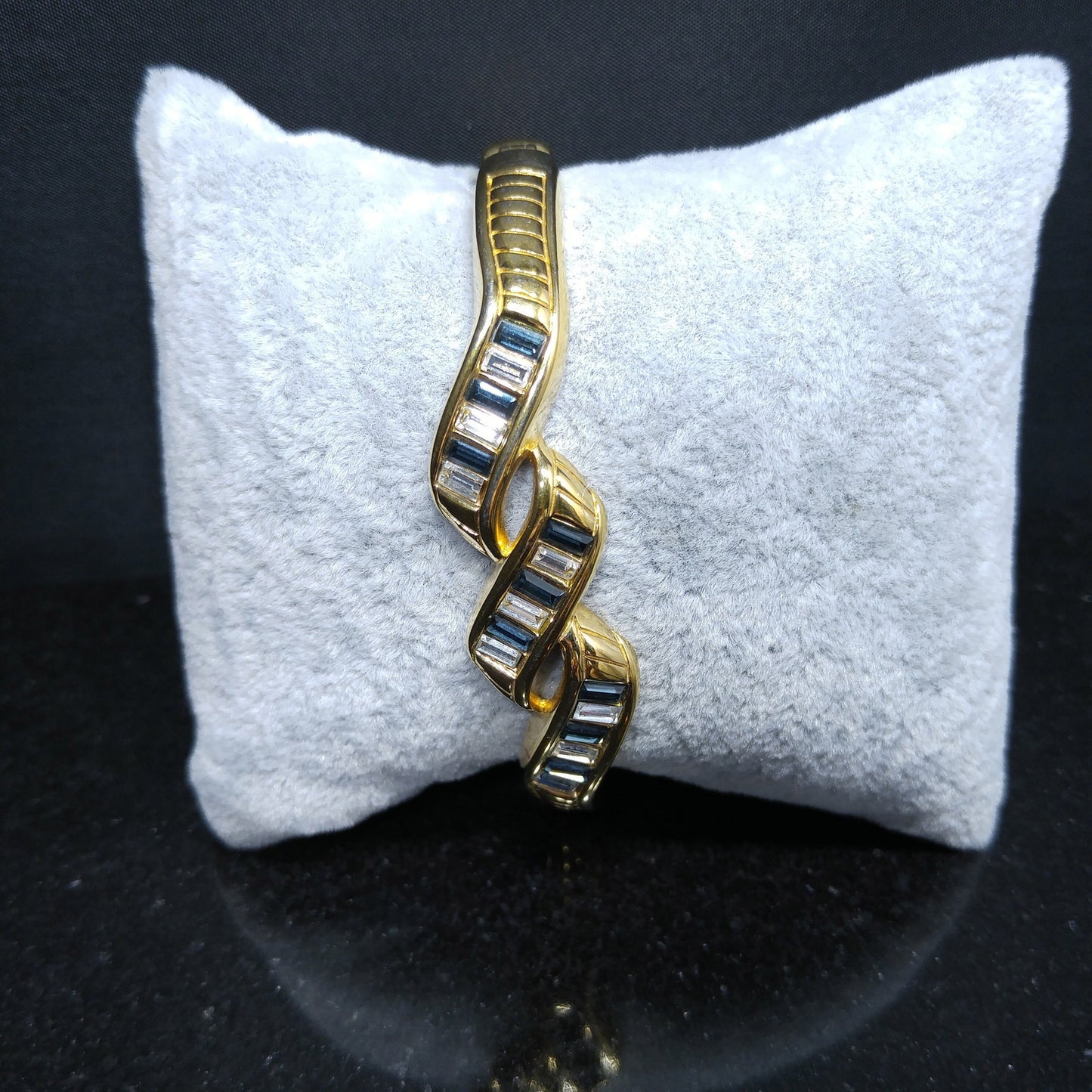Swarovski Blue Rhinestone Hinged Bracelet, Gold Plated, 1970s Vintage Jewelry