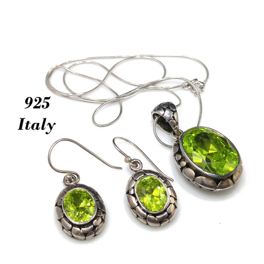 Peridot CZ Silver Necklace & Earrings Set, Italy Snake Chain, 1990s Vintage Jewelry