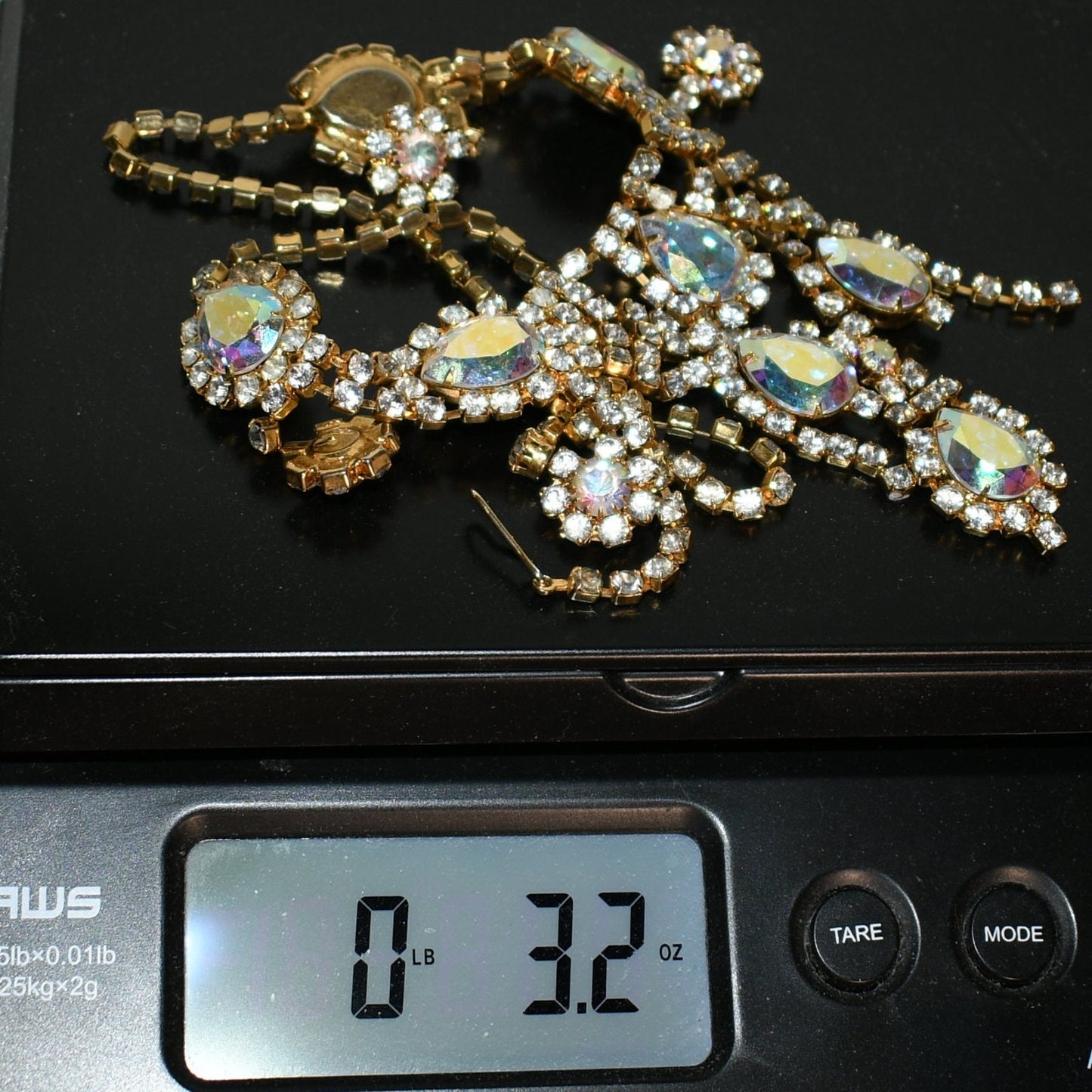 Aurora Borealis Rhinestone Frontal Necklace, Gold Plated, 21 Inches, 1970s Vintage Jewelry