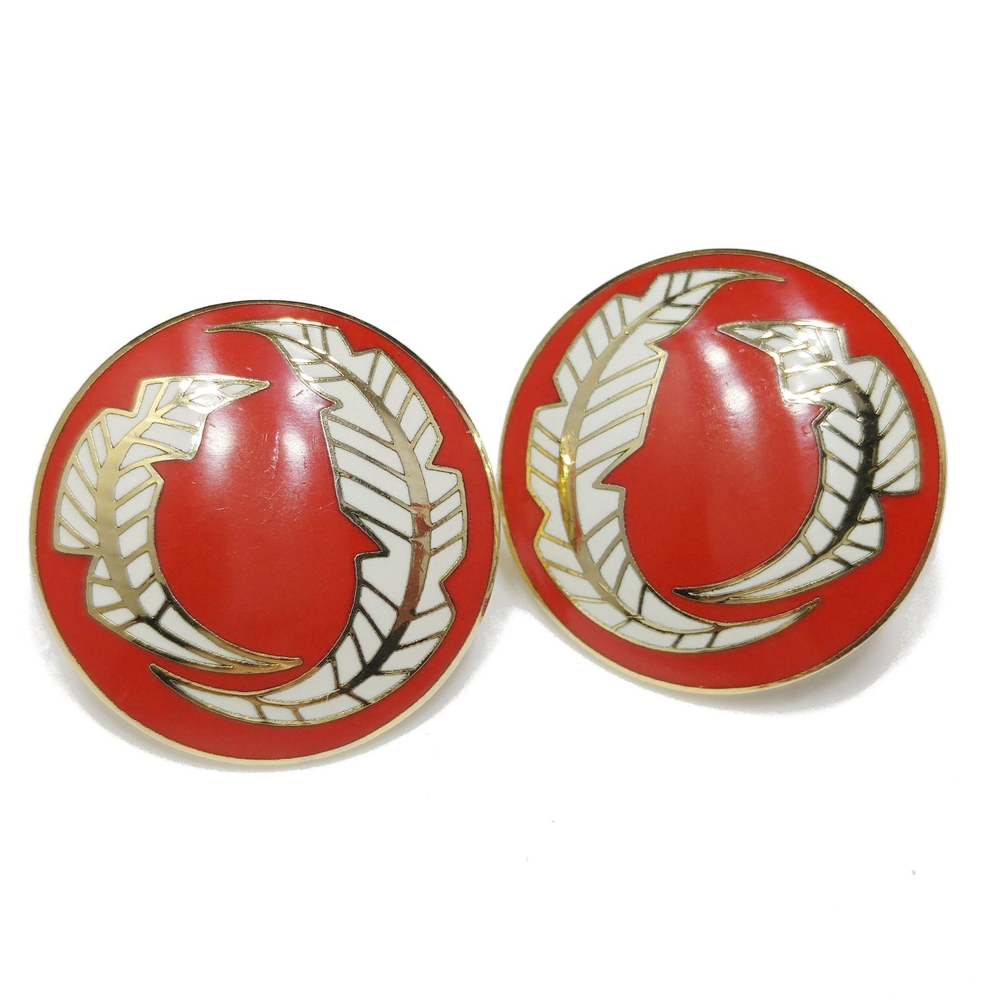 Vintage Laurel Burch "Palm Leaves" Red White Enamel Post Earrings, Gold Plated