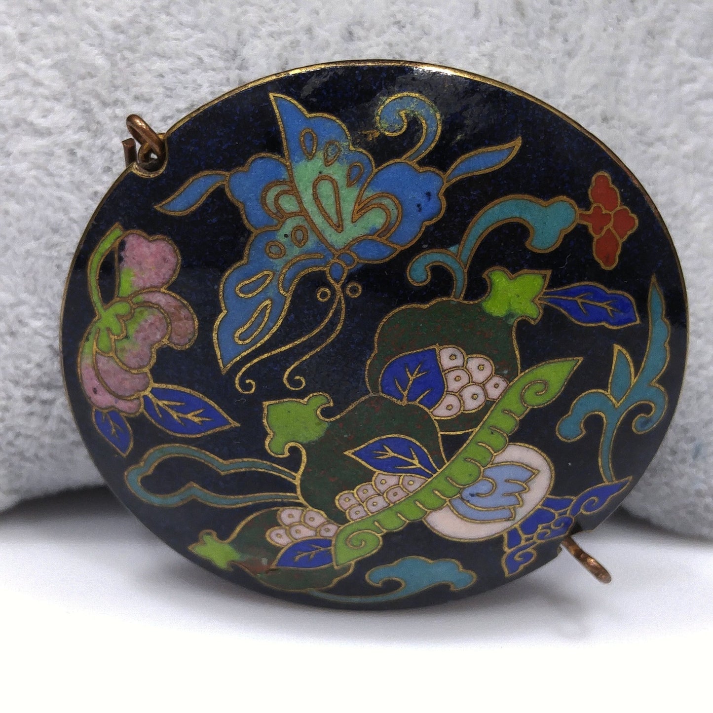 Vintage Cloisonné Double Sided Large Pendant, Blue Enamel Butterfly, 1960s Vintage Jewelry