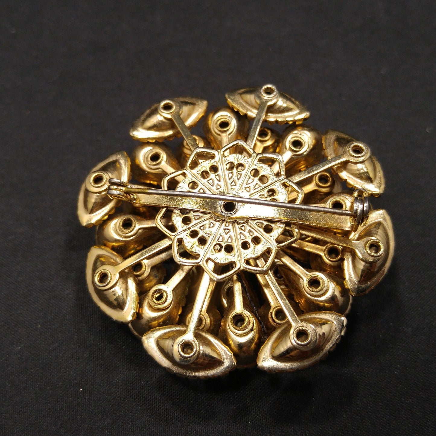 Autumn Fall Rhinestone Flower Brooch, Riveted Design, 1950s Vintage Jewelry